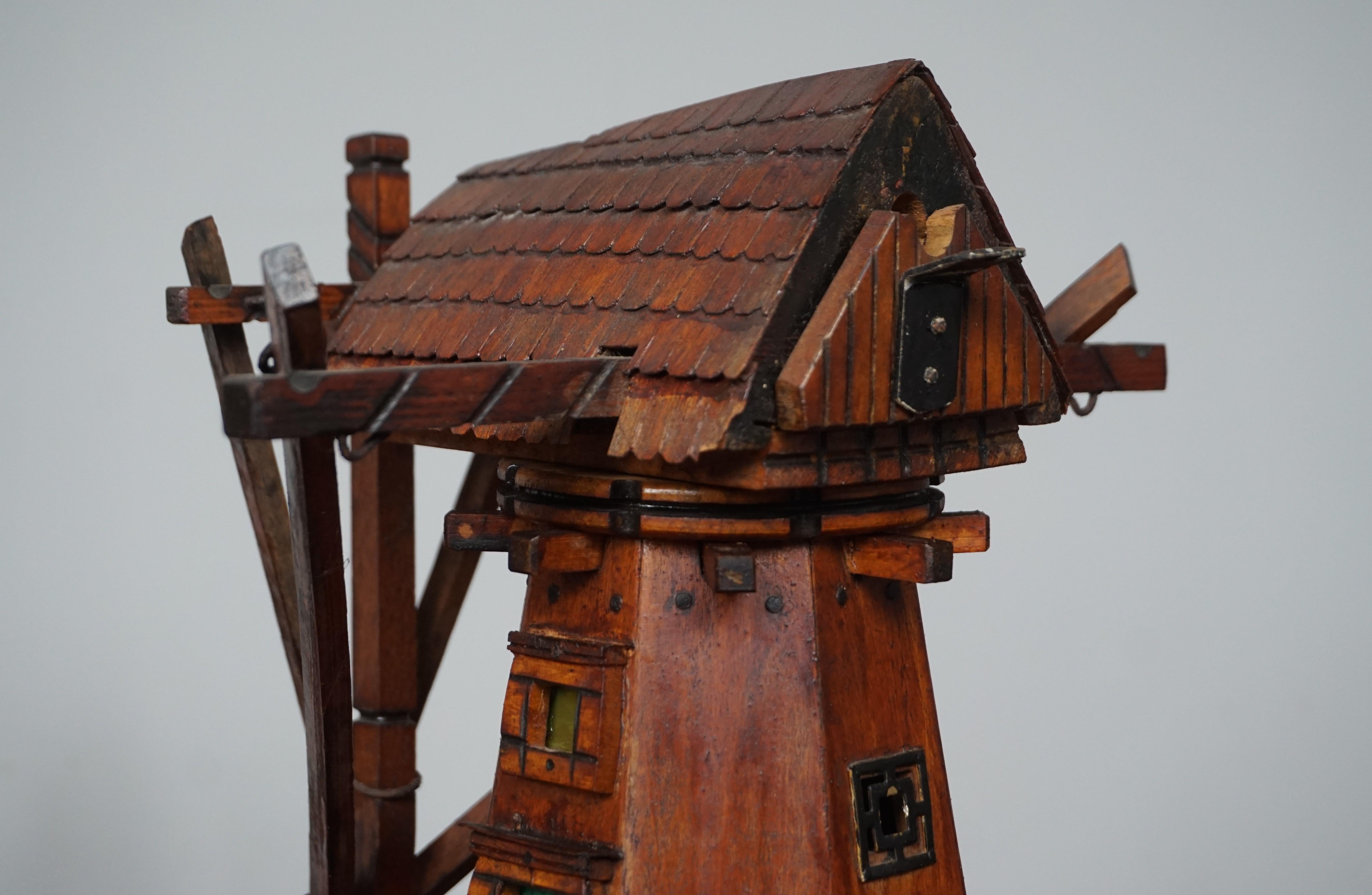 Antique & Unique Early 1900s Dutch Folk Art Scale Model Windmill w. Light Inside 3