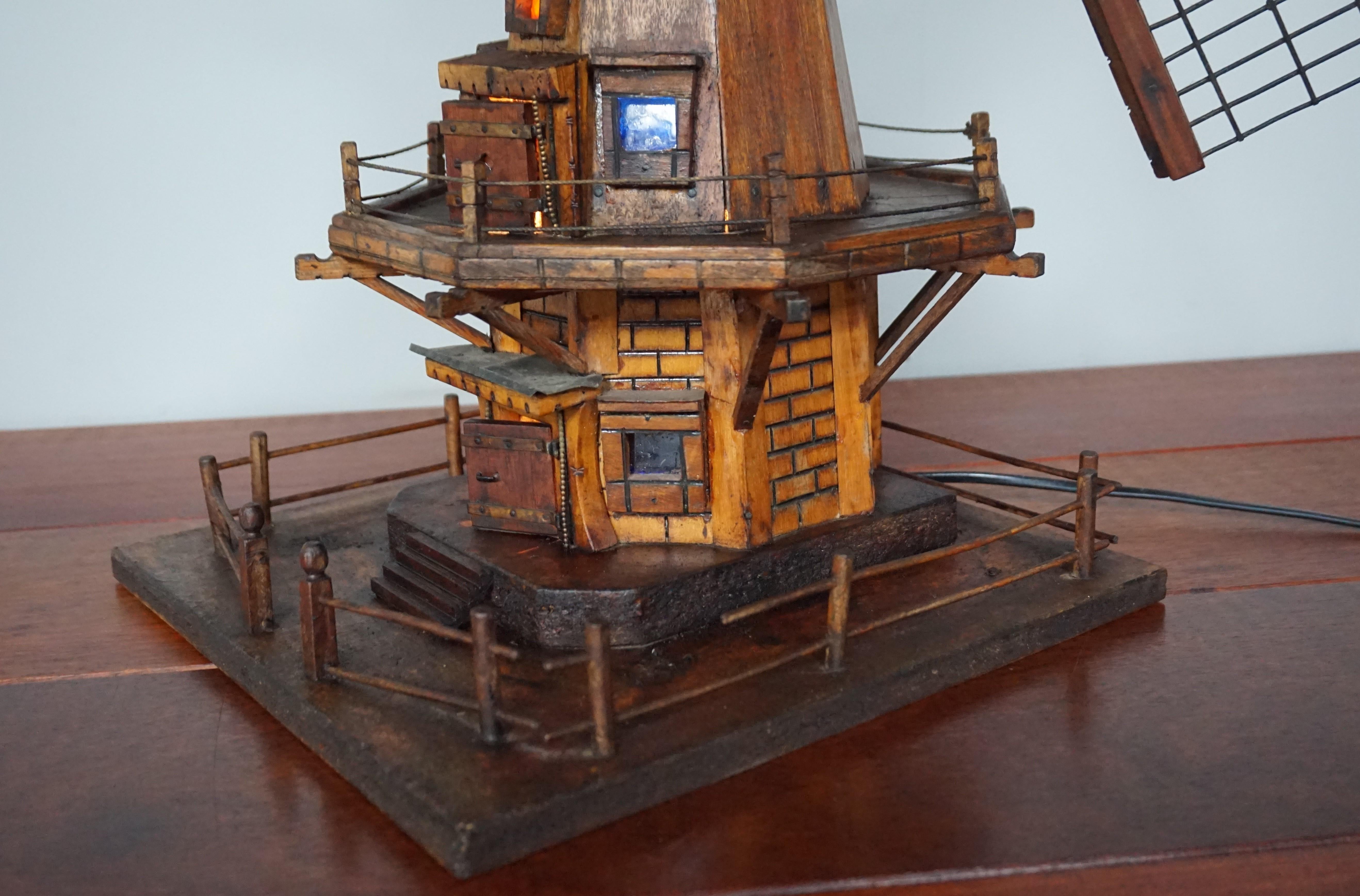 Antique & Unique Early 1900s Dutch Folk Art Scale Model Windmill w. Light Inside For Sale 4
