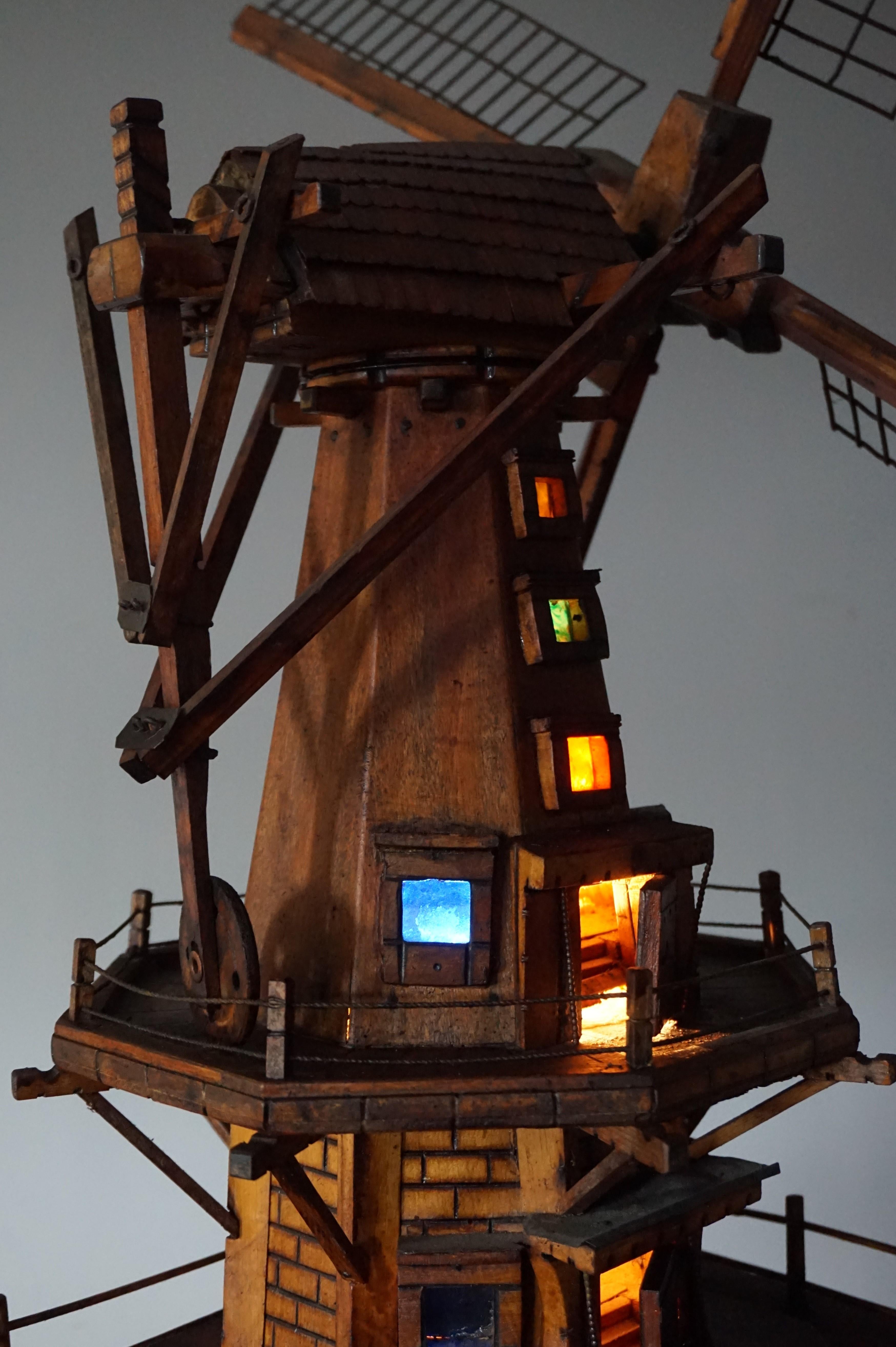 Antique & Unique Early 1900s Dutch Folk Art Scale Model Windmill w. Light Inside For Sale 5