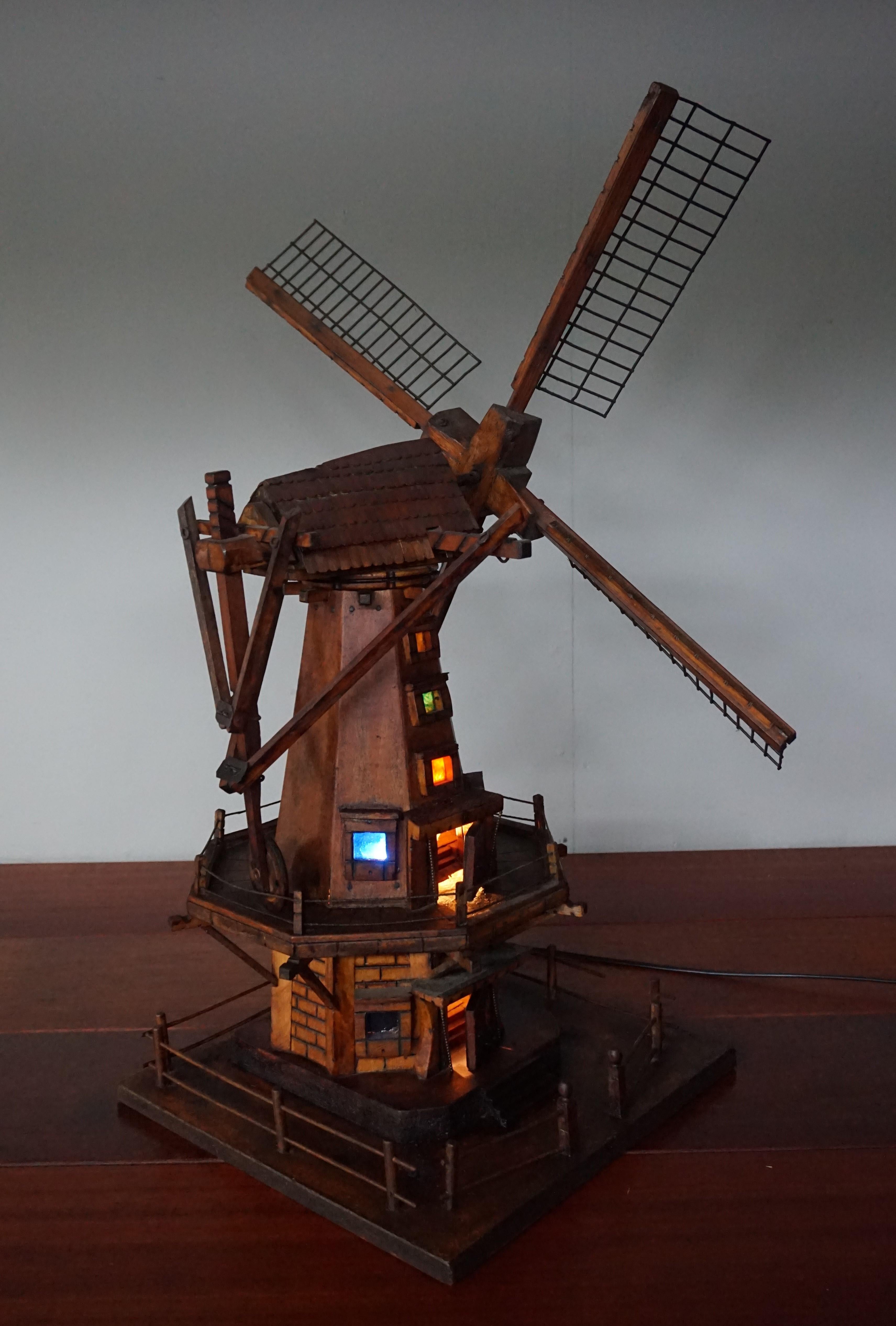Antique & Unique Early 1900s Dutch Folk Art Scale Model Windmill w. Light Inside For Sale 11