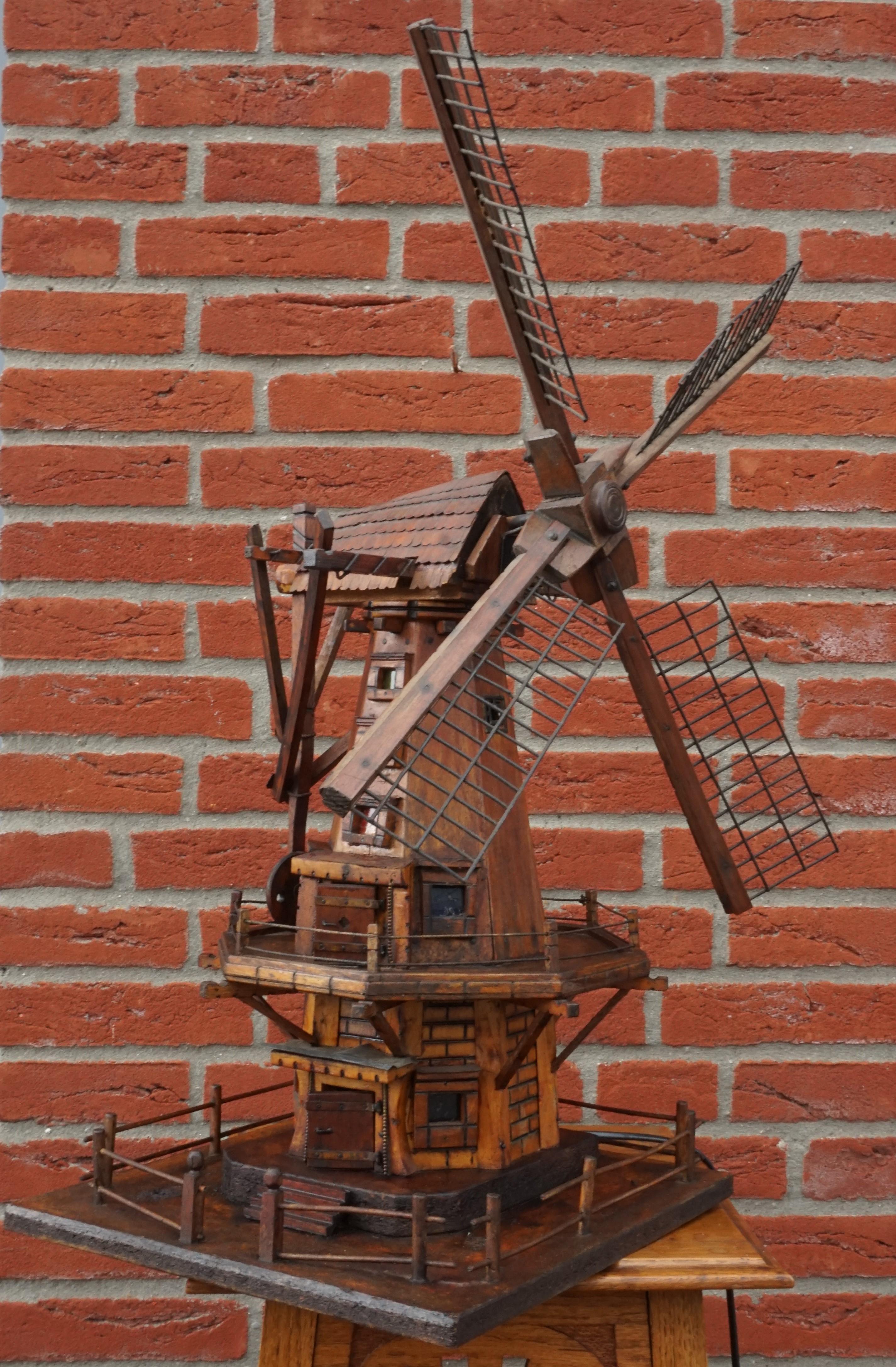 20th Century Antique & Unique Early 1900s Dutch Folk Art Scale Model Windmill w. Light Inside