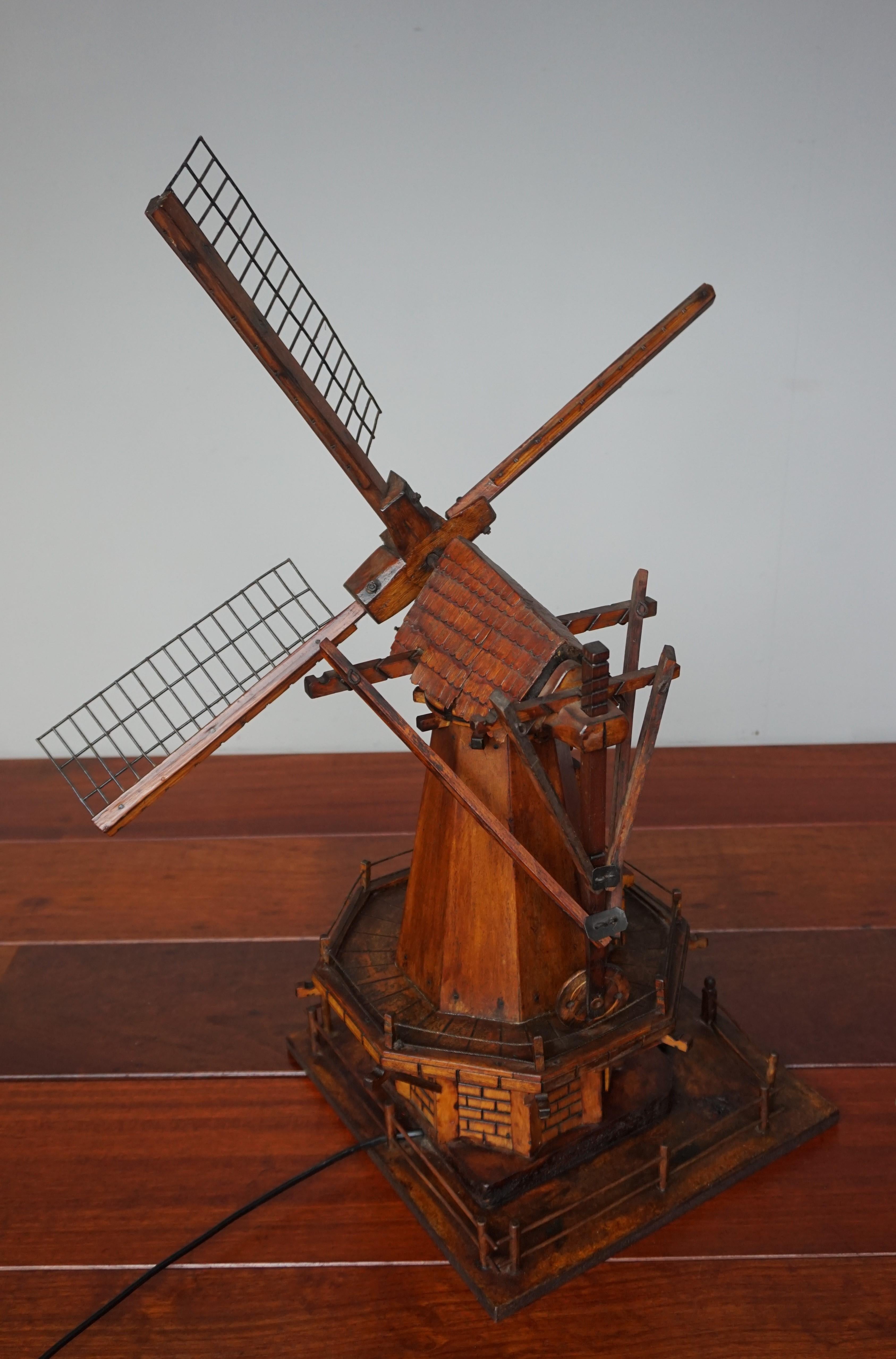 Metal Antique & Unique Early 1900s Dutch Folk Art Scale Model Windmill w. Light Inside For Sale