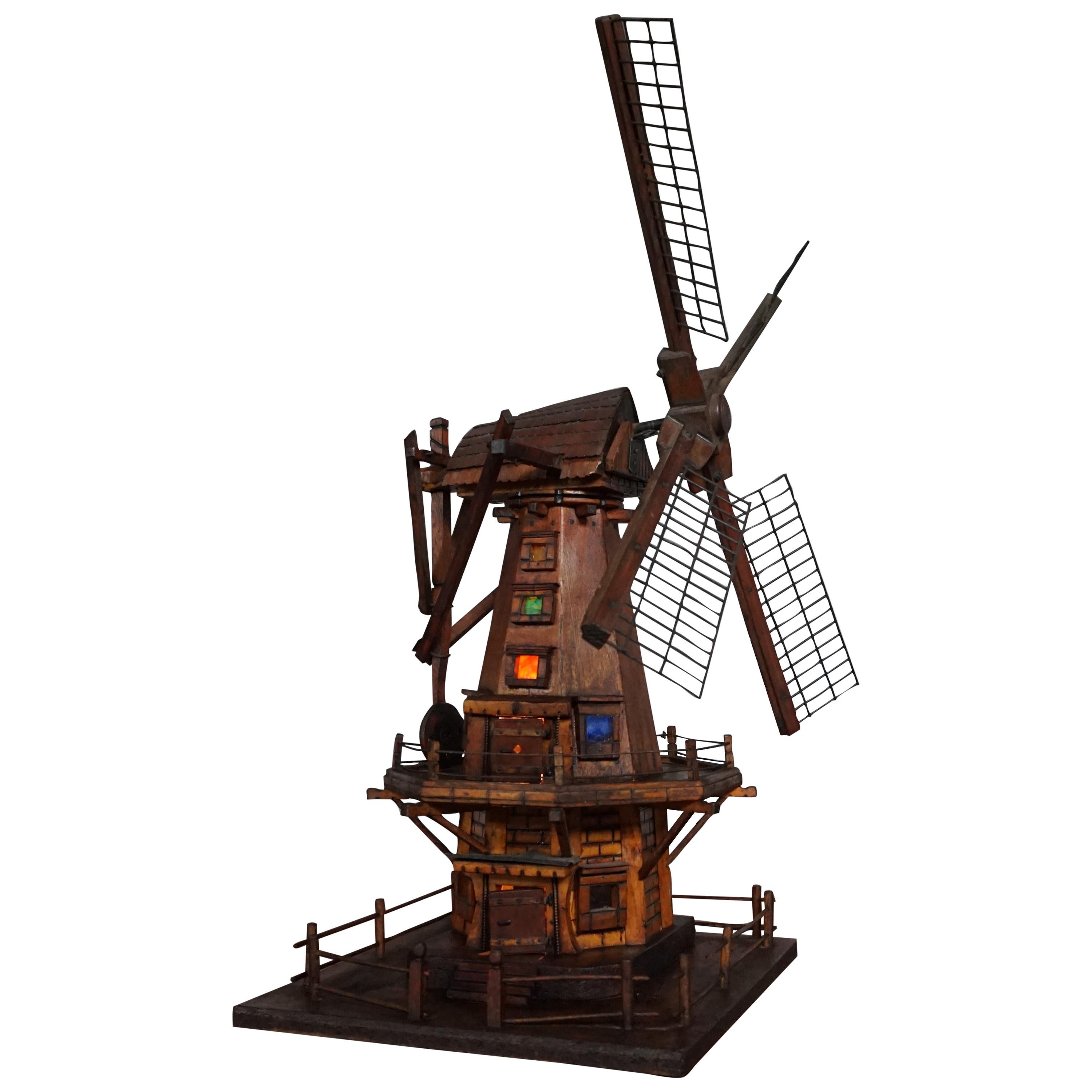 Antique & Unique Early 1900s Dutch Folk Art Scale Model Windmill w. Light Inside For Sale