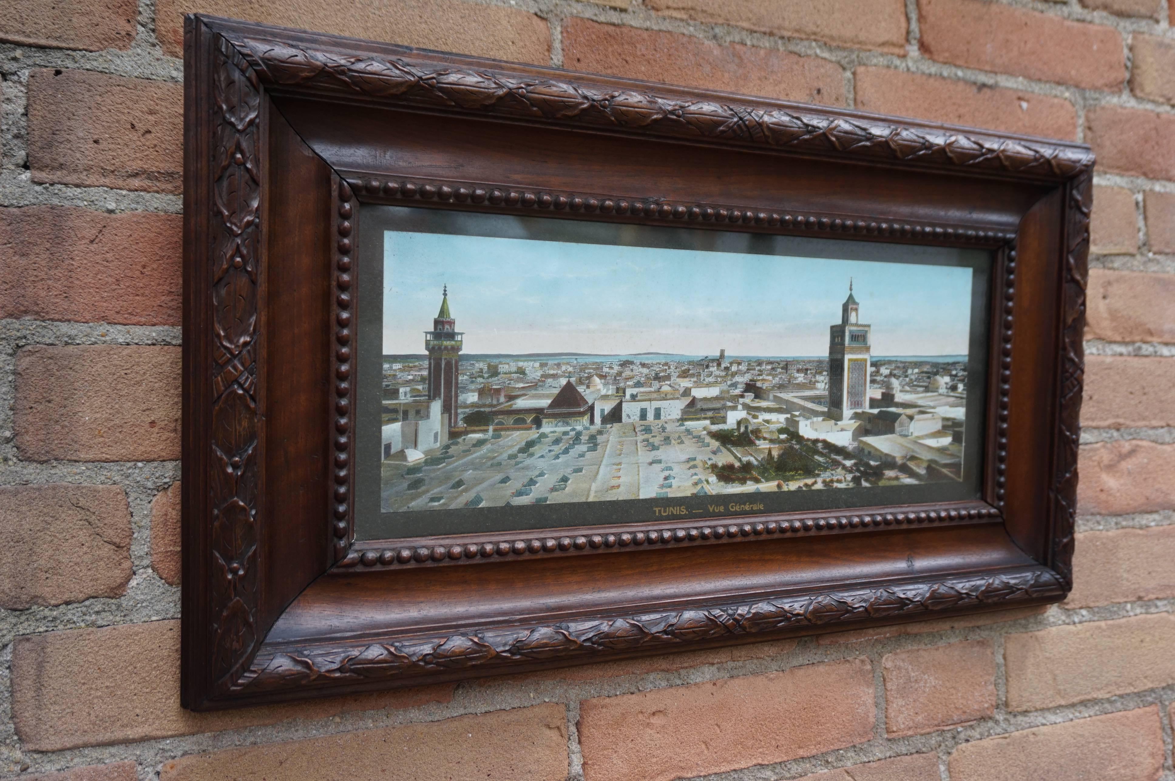 Glass Antique & Unique French Colonial Walnut Picture Frame with Tunis Skyline Picture For Sale