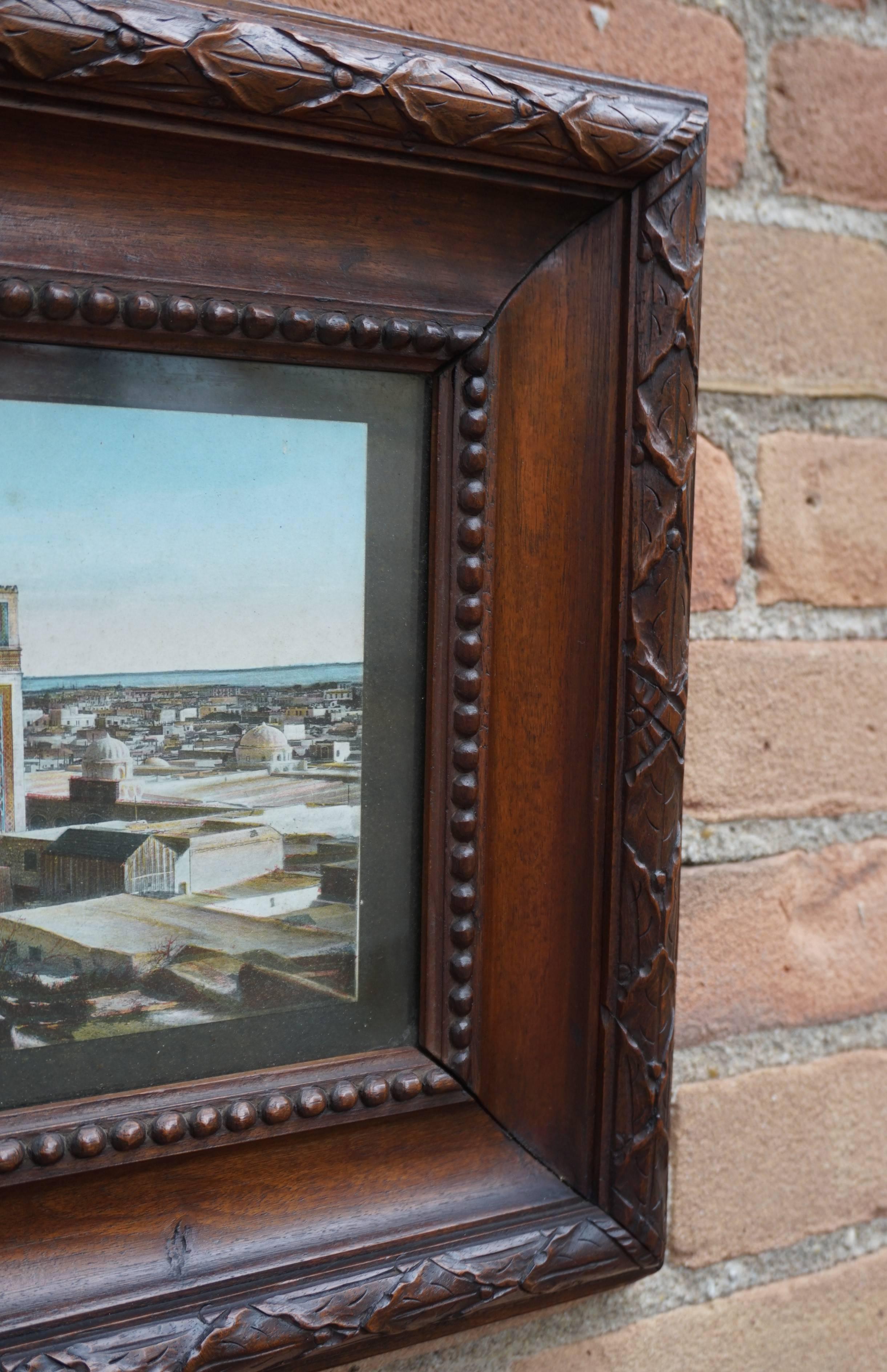 Arts and Crafts Antique & Unique French Colonial Walnut Picture Frame with Tunis Skyline Picture For Sale