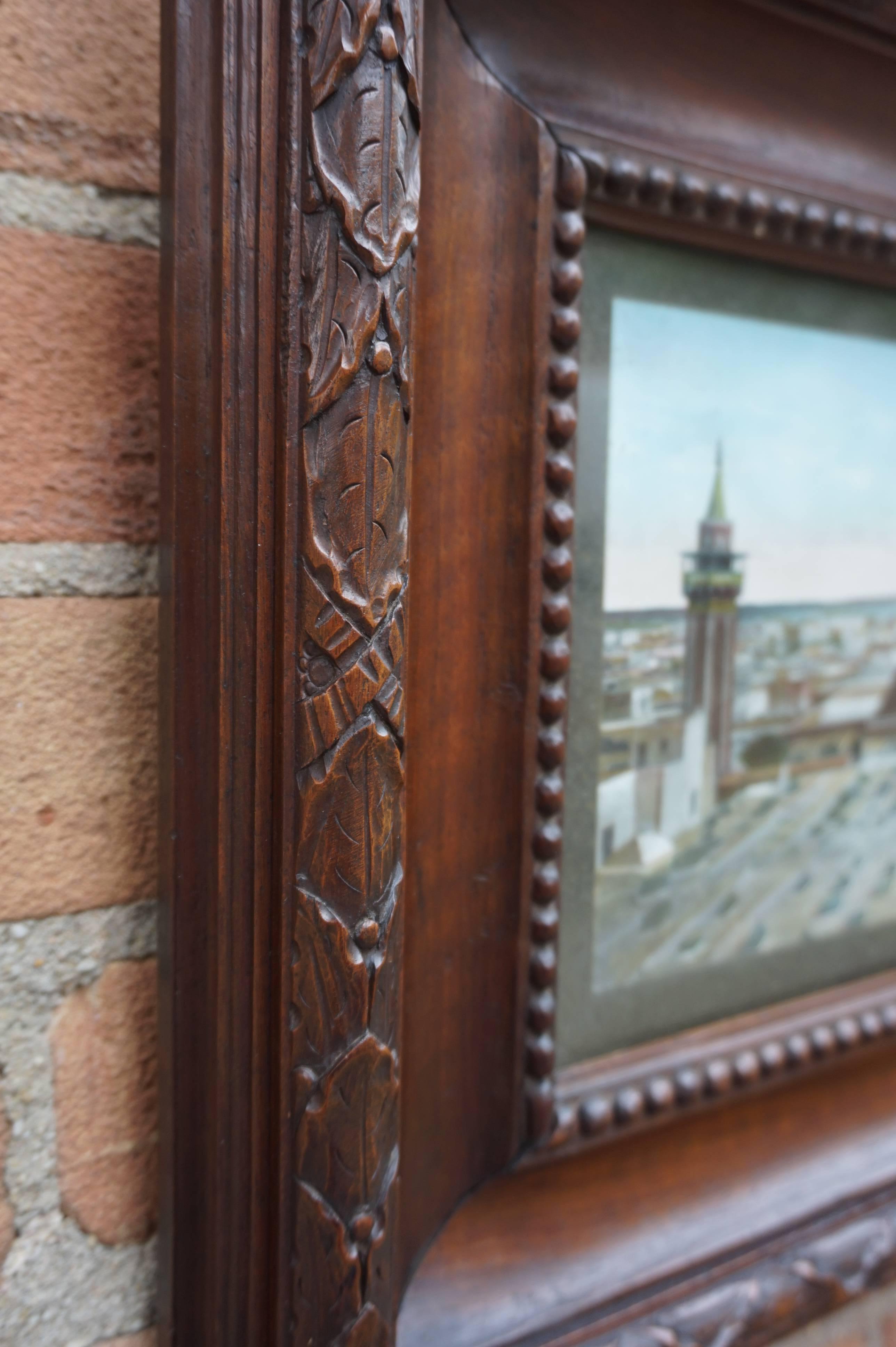 Hand-Crafted Antique & Unique French Colonial Walnut Picture Frame with Tunis Skyline Picture For Sale