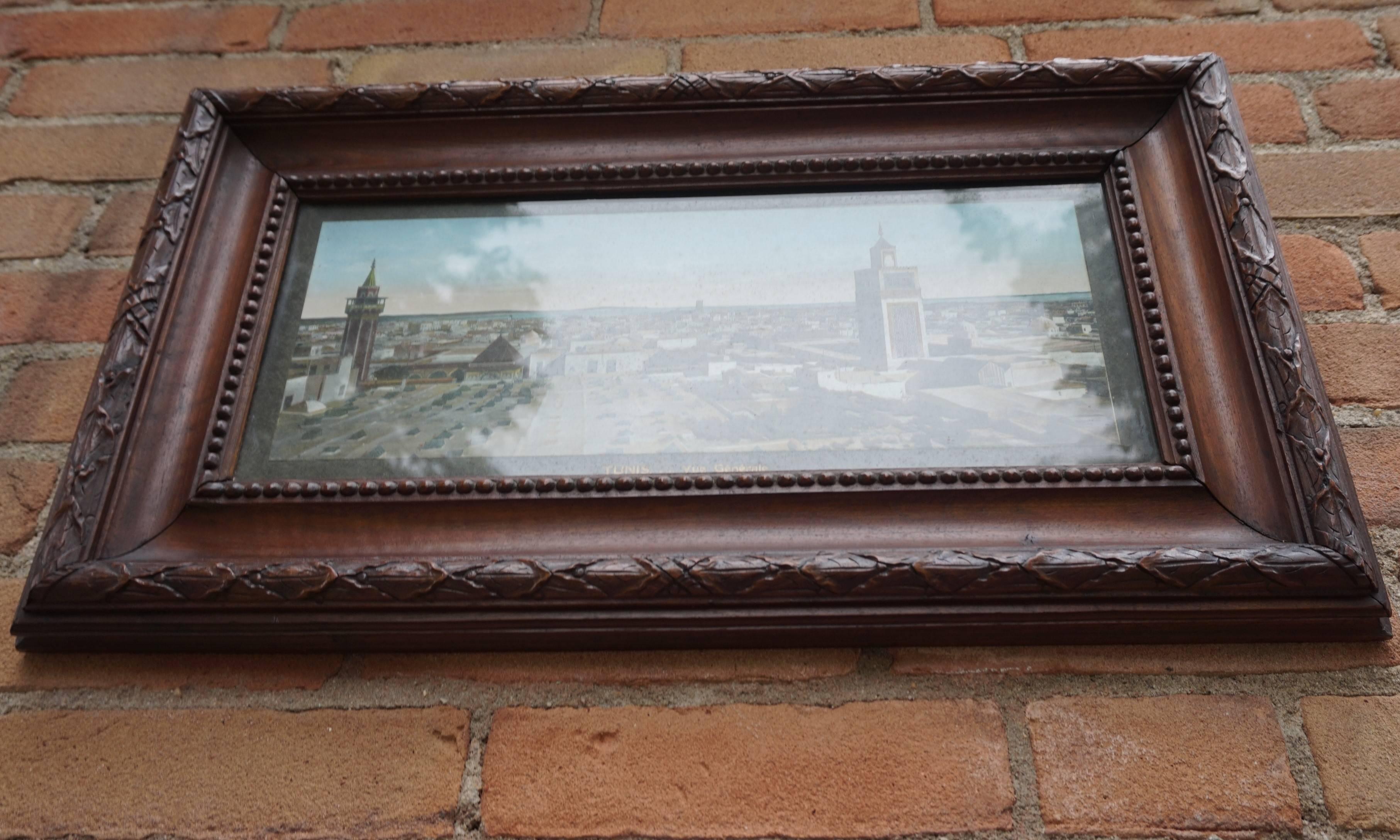 20th Century Antique & Unique French Colonial Walnut Picture Frame with Tunis Skyline Picture For Sale
