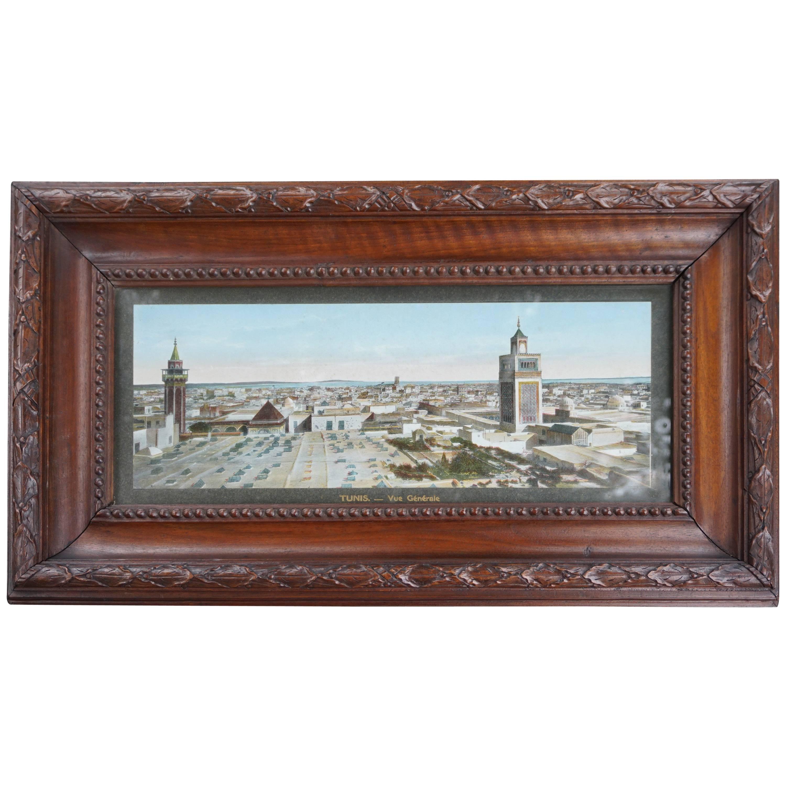 Antique & Unique French Colonial Walnut Picture Frame with Tunis Skyline Picture For Sale