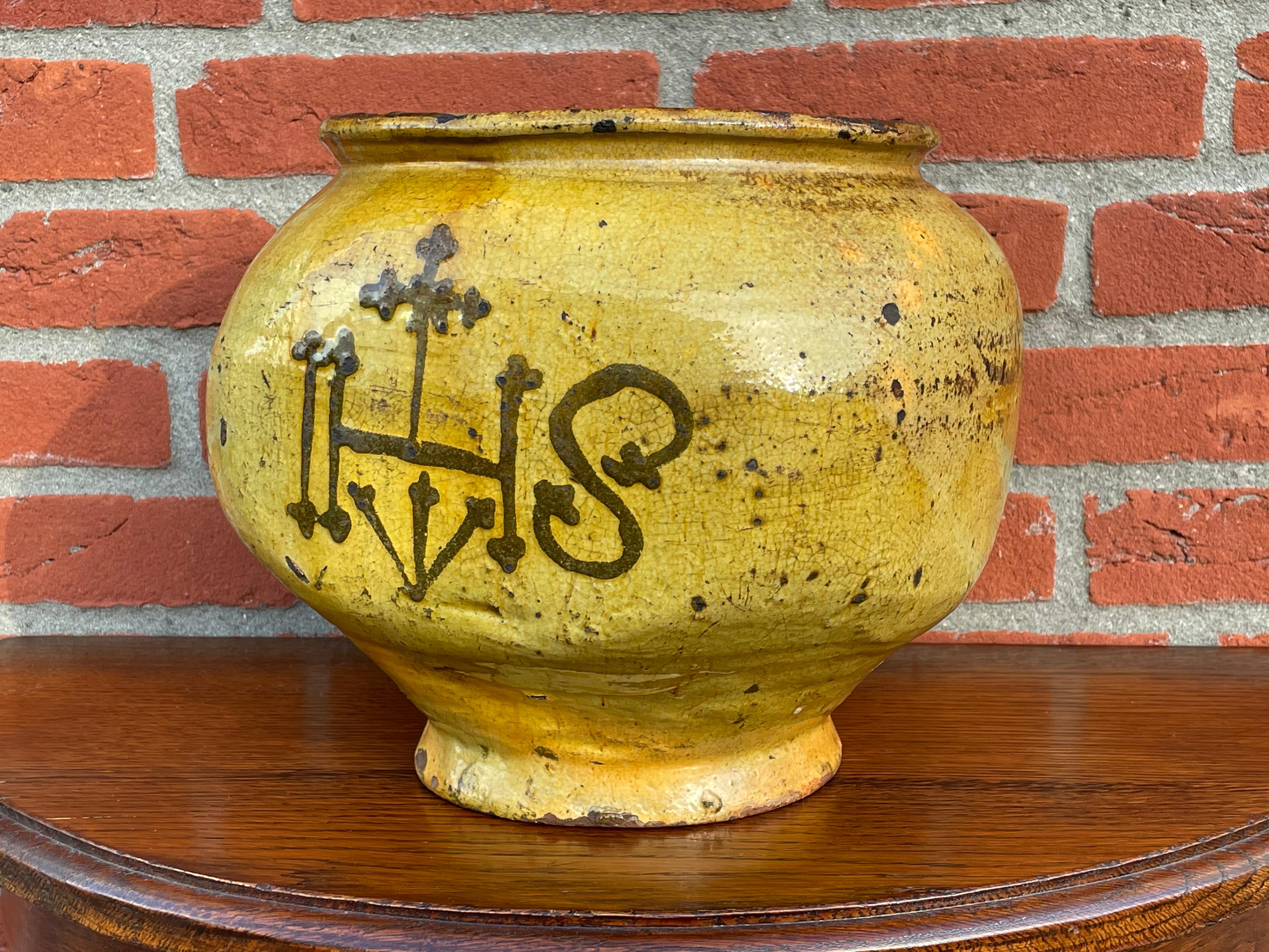 Antique & Unique Glazed Earthenware Pot W. Gothic Christogram / Christ Symbolism For Sale 7