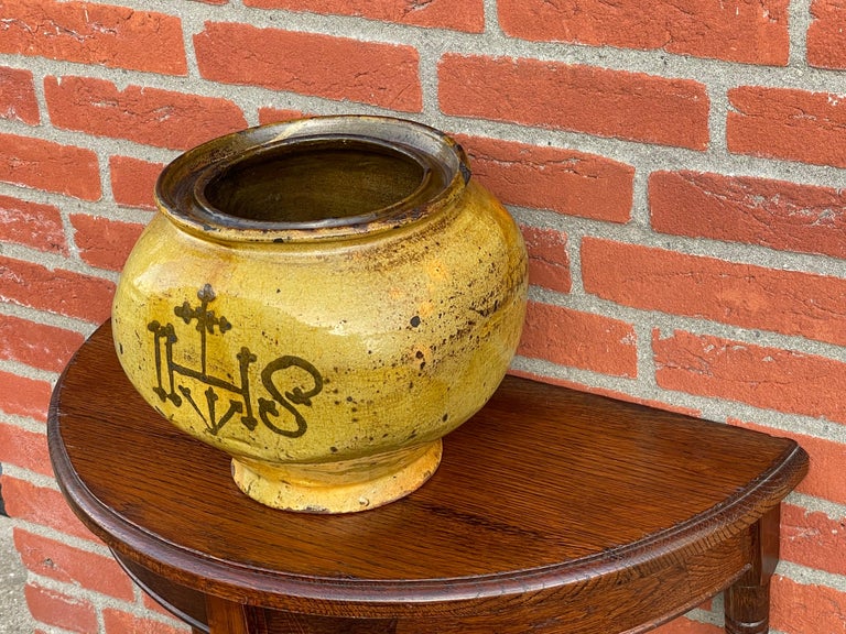 Antique and Unique Glazed Earthenware Pot W. Gothic Christogram