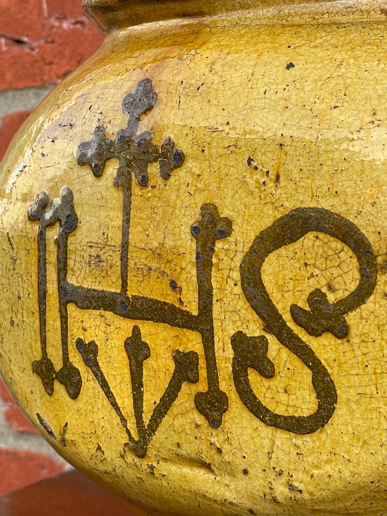 Antique and Unique Glazed Earthenware Pot W. Gothic Christogram