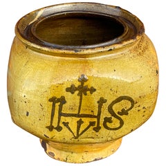 Antico e unico vaso in terracotta smaltata con cristogramma gotico / simbolismo di Cristo