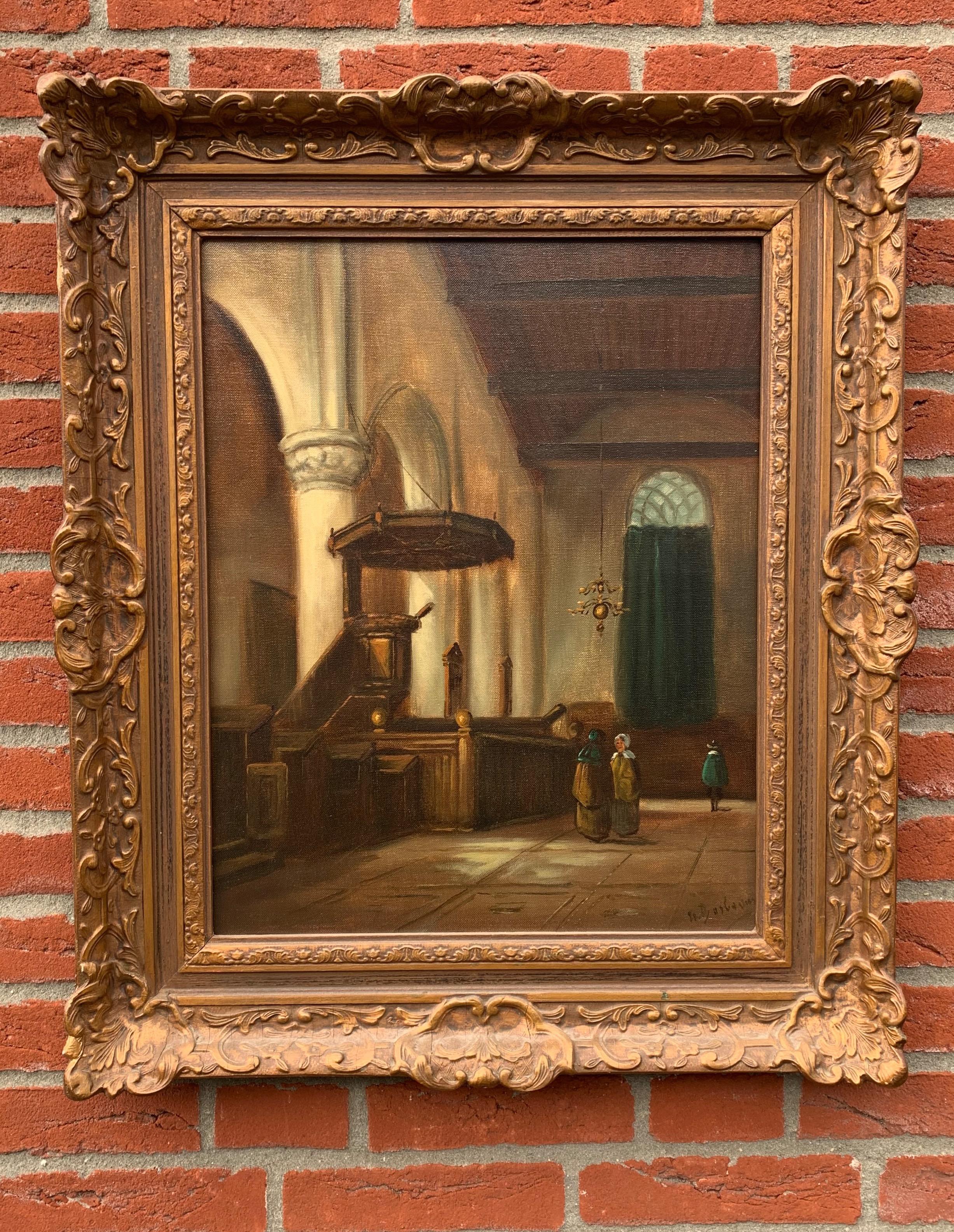 Beautiful oil on canvas painting of a Gothic church interior, after Johannes Bosboom.

This early 20th century, hand painted work of Gothic Art is in the original and stunning frame. Because of their contrasting styles, of what in essence are two