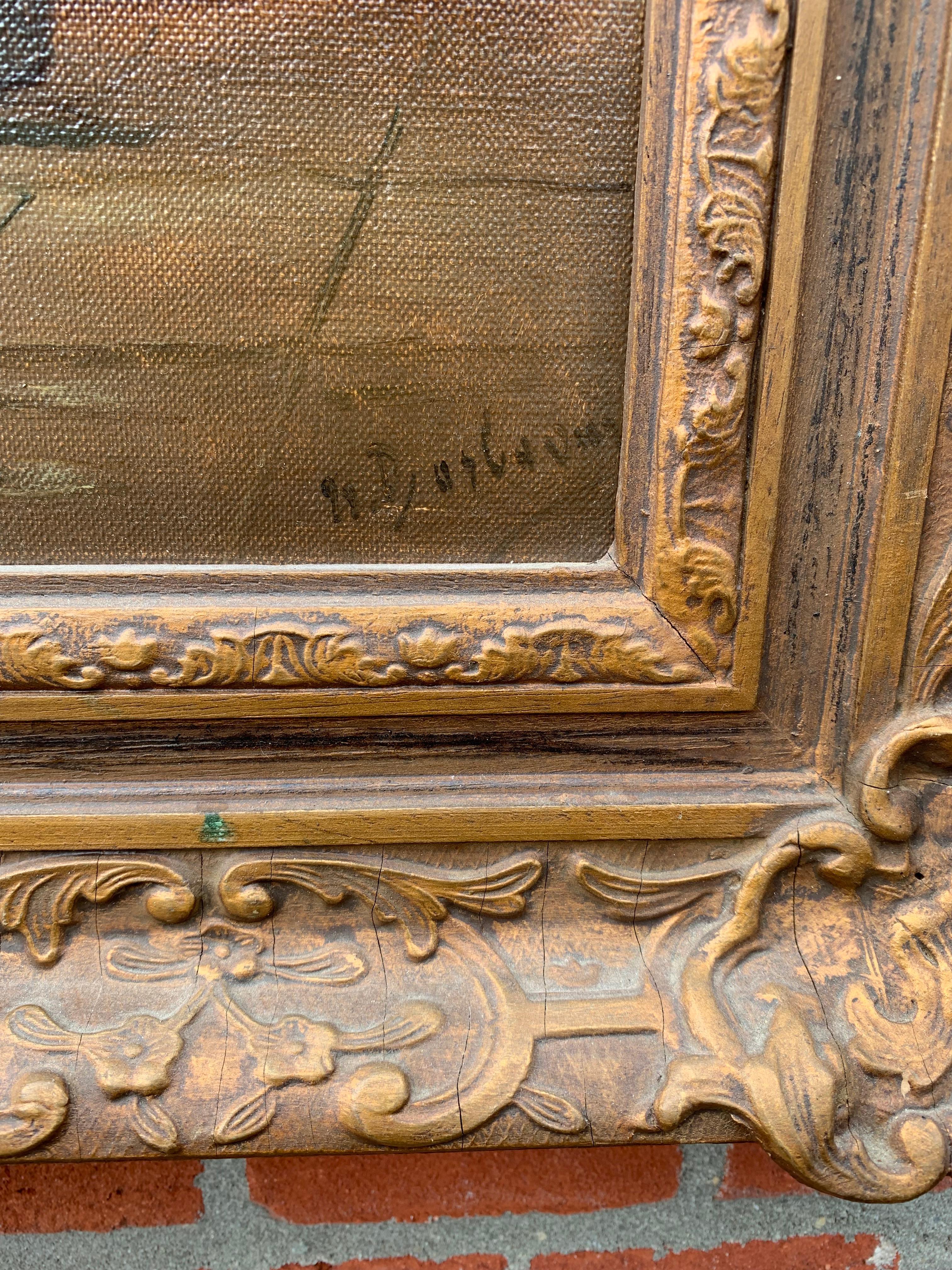 Antique & Unique Gothic Church Interior with Pulpit Painting in Stunning Frame In Good Condition In Lisse, NL