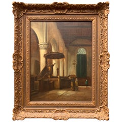 Used & Unique Gothic Church Interior with Pulpit Painting in Stunning Frame