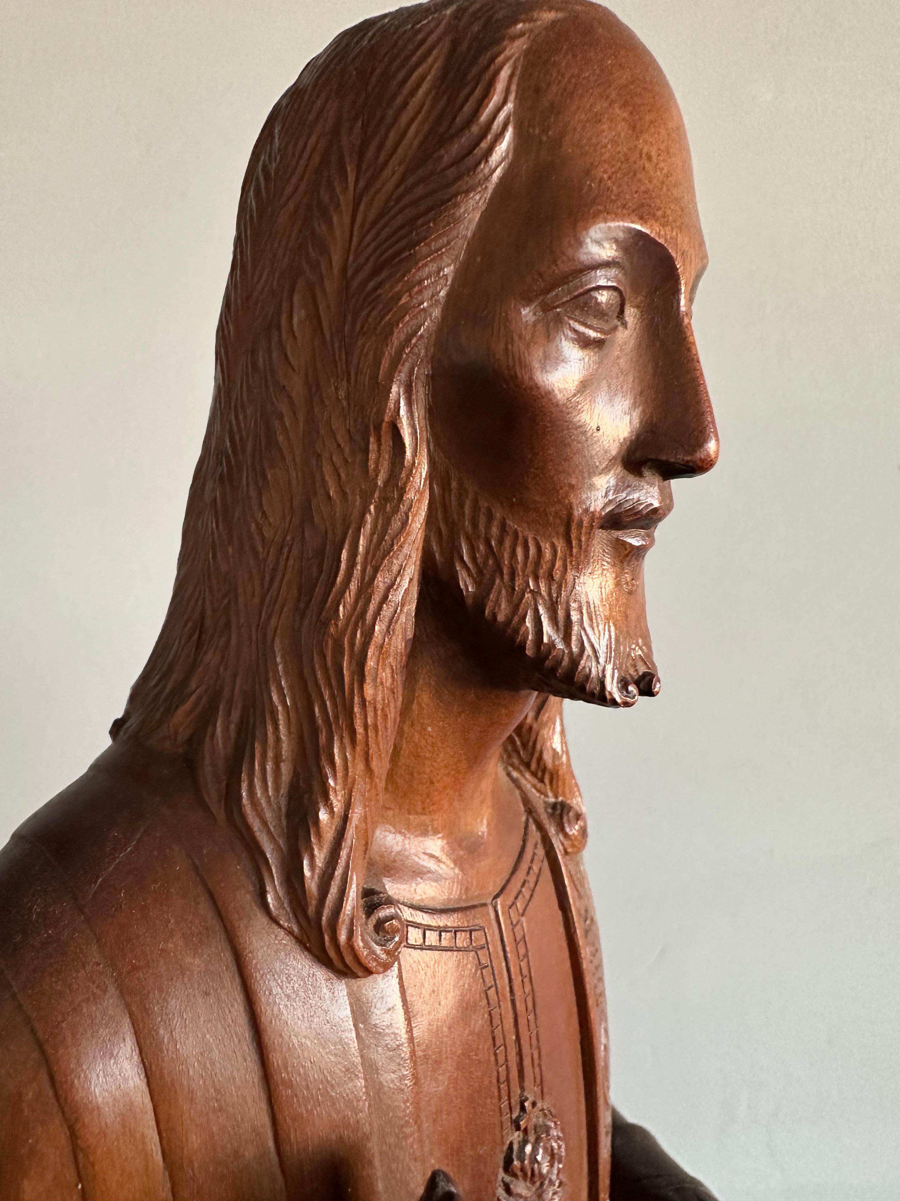 European Antique & Unique, Hand Carved Wooden Sacred Heart of Christ Sculpture / Statue For Sale
