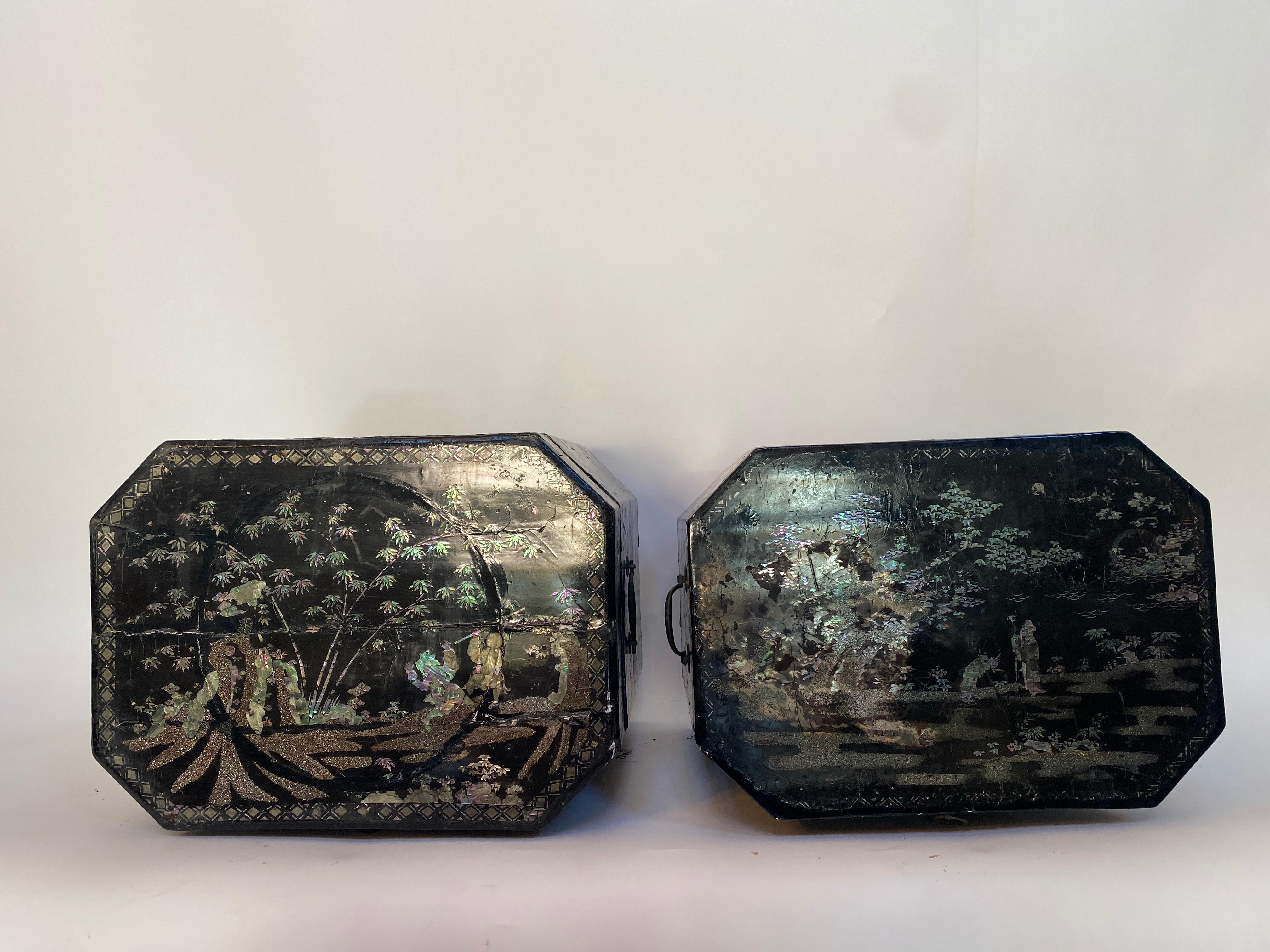 Antique Unique Large Two of Shell Inlaid Black Lacquer Chinese Book Boxes For Sale 8