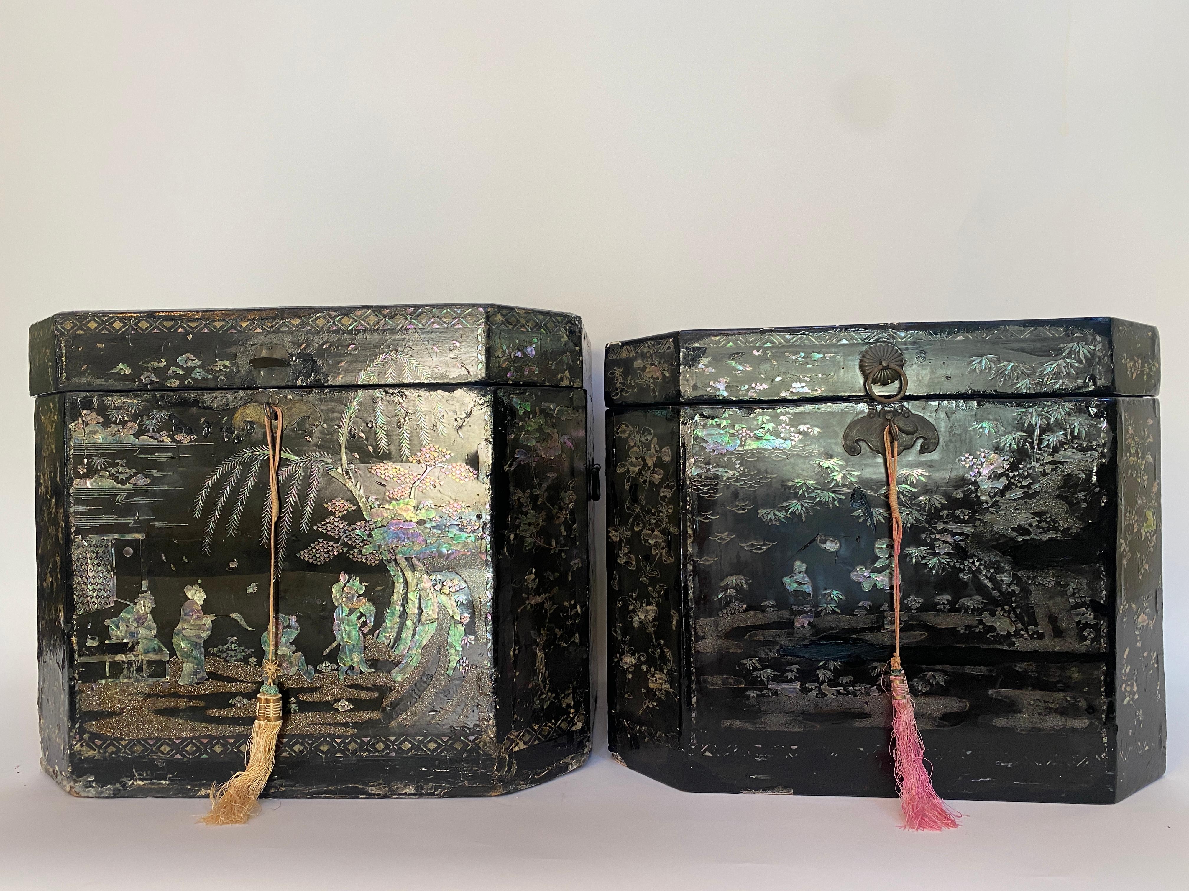 Antique unique Qing dynasty very large 20” pair of shell inlaid black lacquer big Chinese book boxes with bail handles two sides, with keys, each with hinged lid reversing to a mother of pearl inlaid decoration, somewhere lacquer loss, some mother