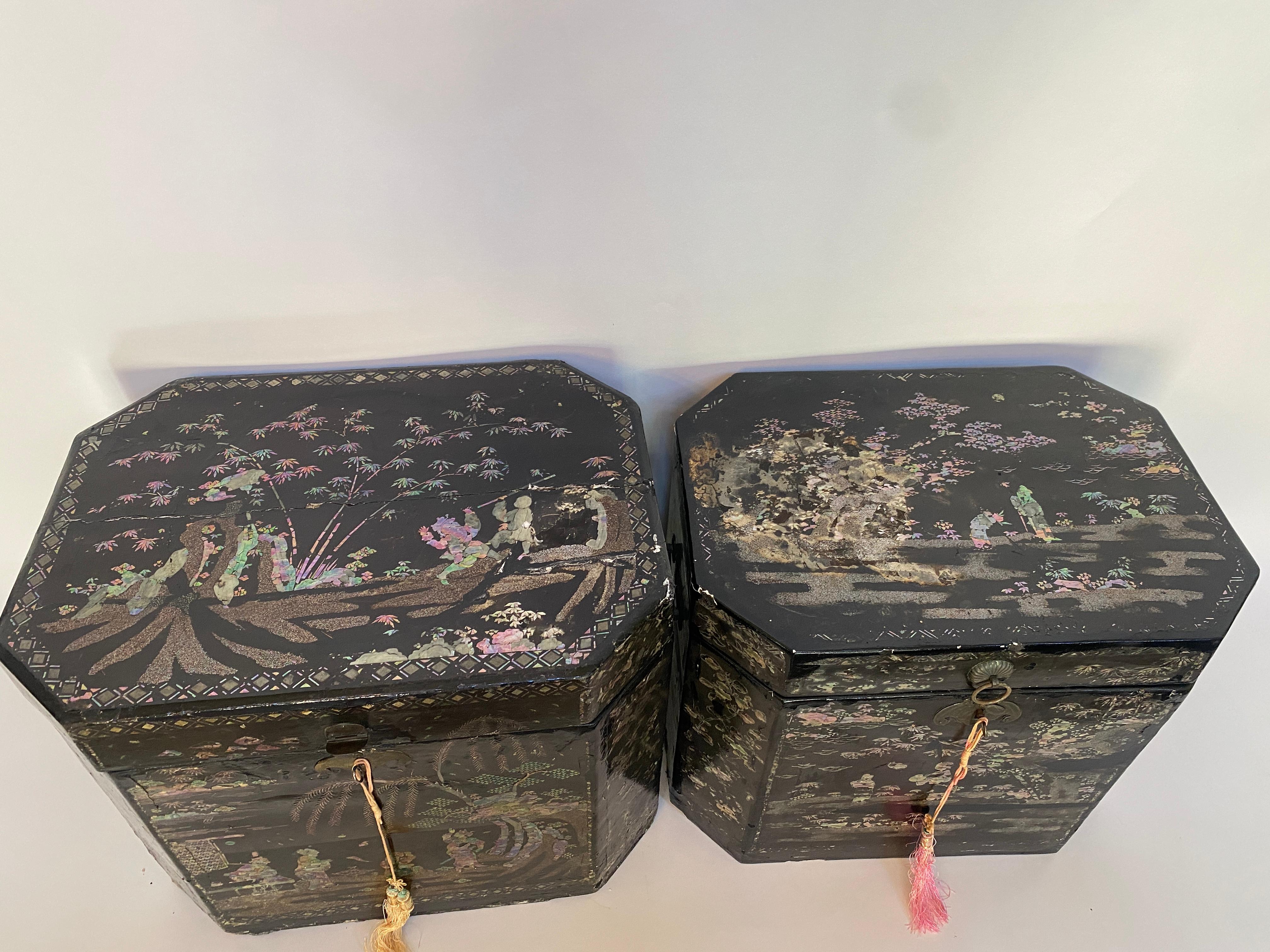 Hand-Crafted Antique Unique Large Two of Shell Inlaid Black Lacquer Chinese Book Boxes For Sale
