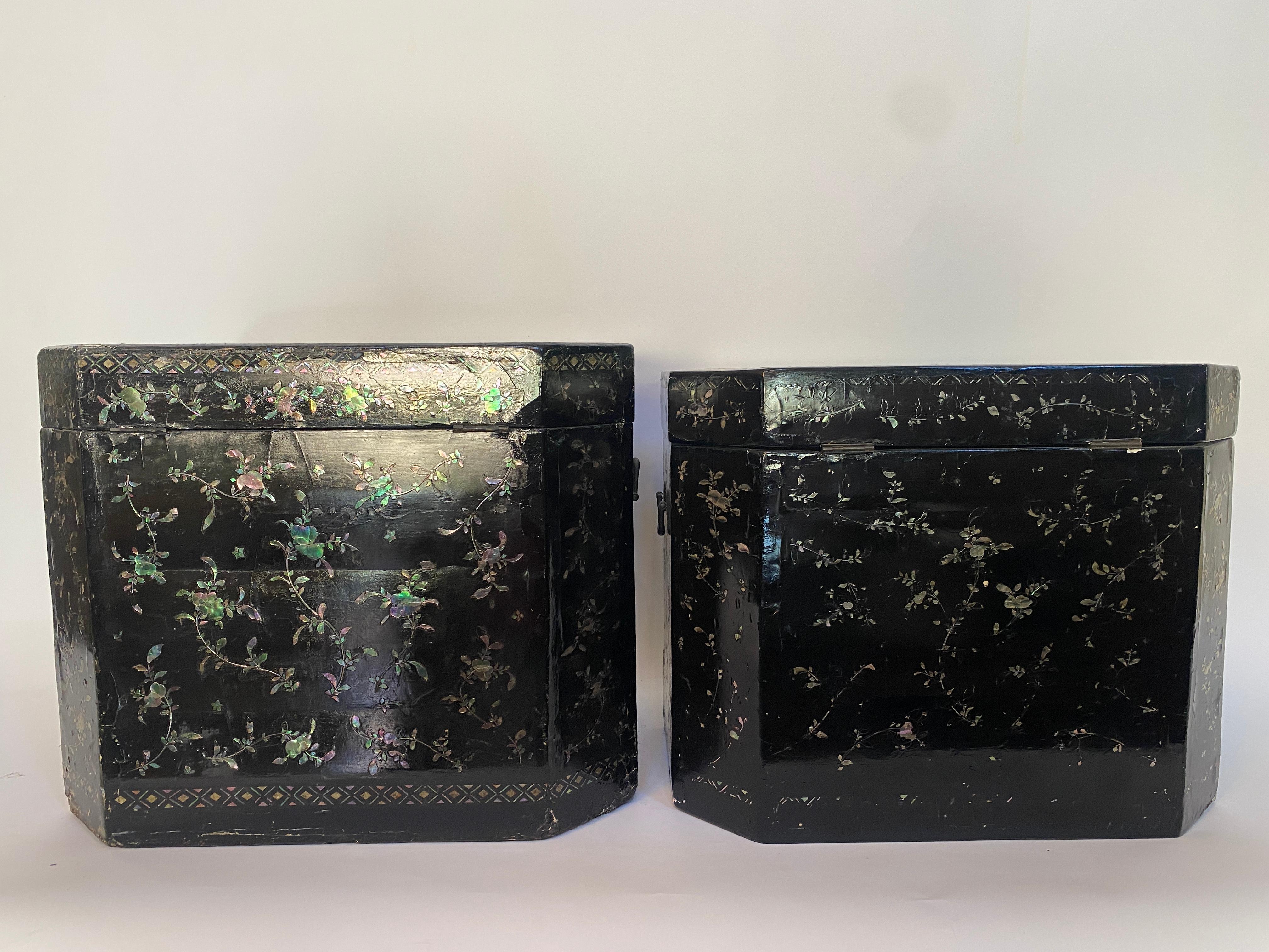 18th Century Antique Unique Large Two of Shell Inlaid Black Lacquer Chinese Book Boxes For Sale