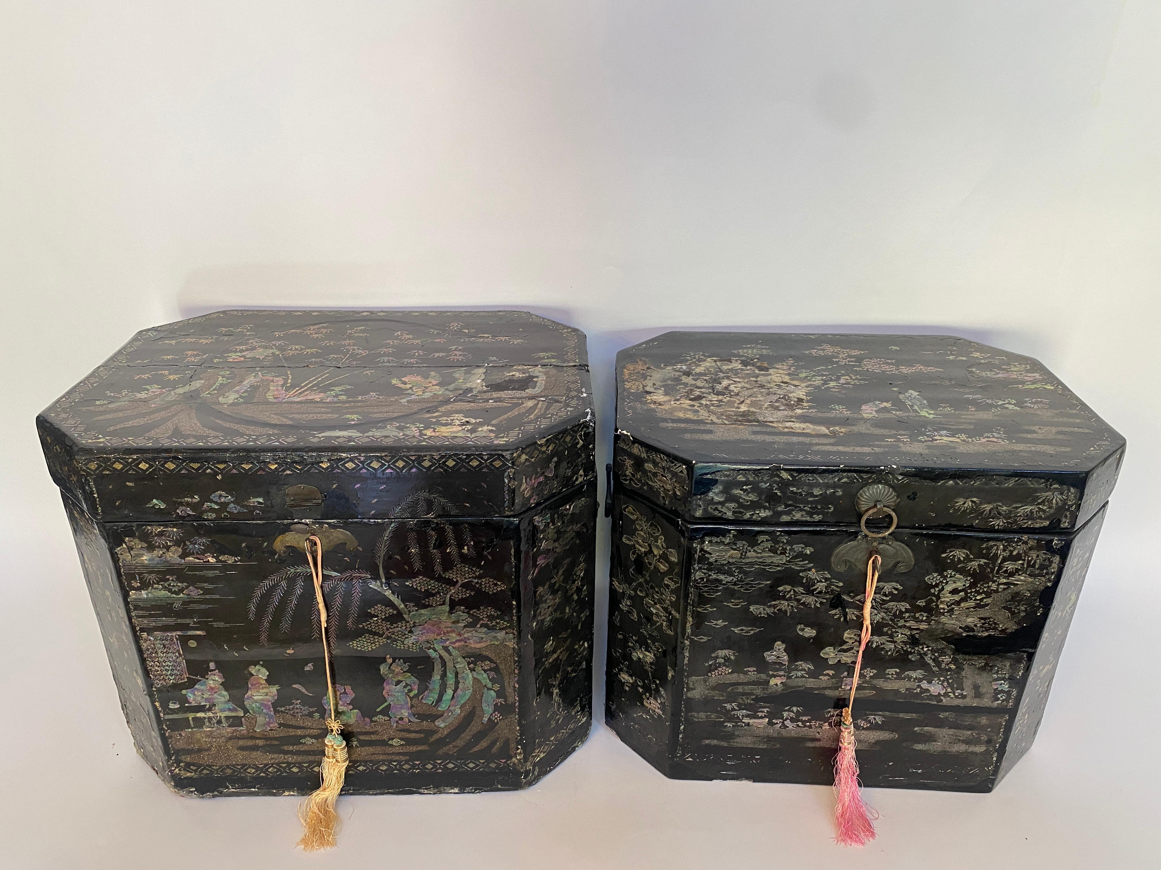 Antique Unique Large Two of Shell Inlaid Black Lacquer Chinese Book Boxes For Sale 1