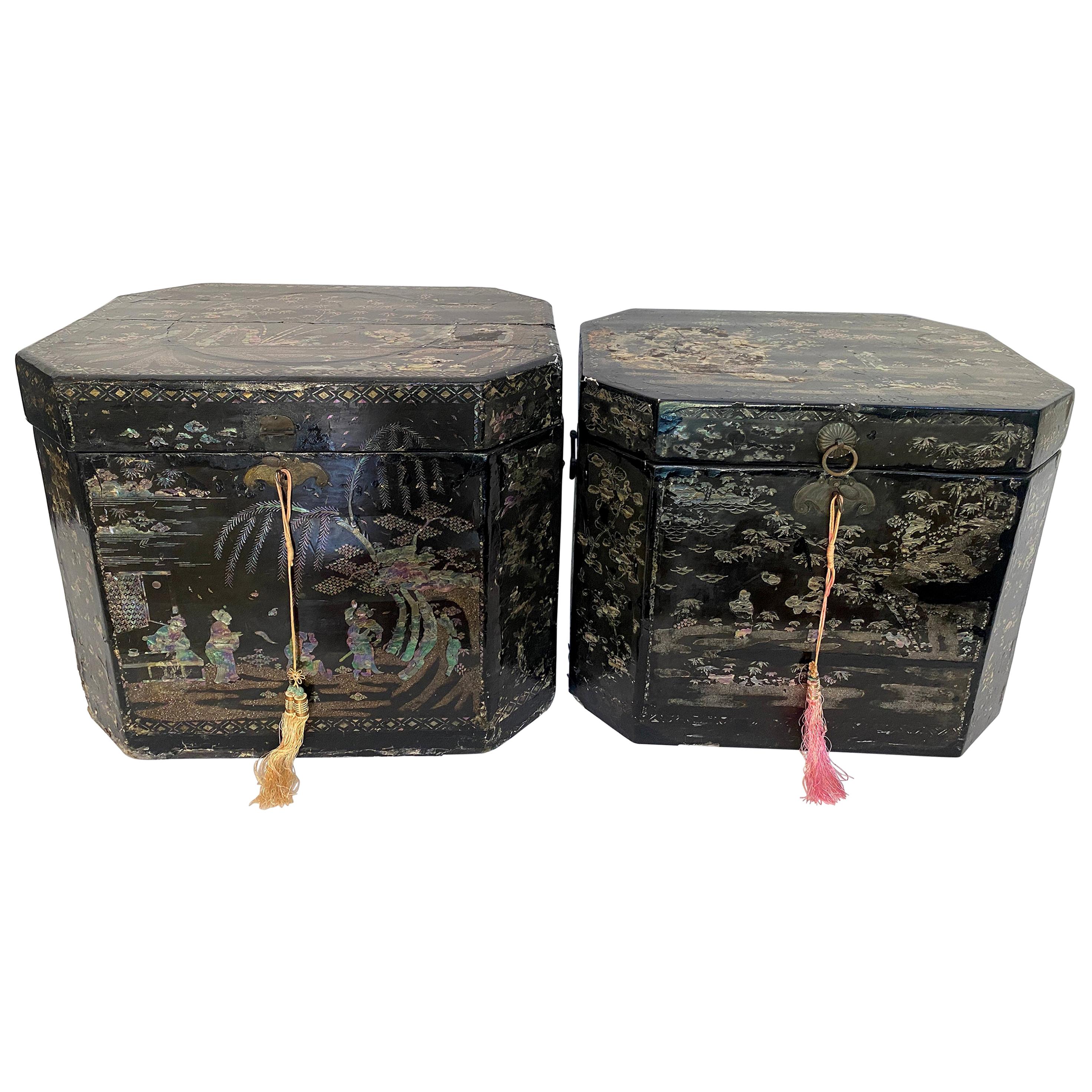 Antique Unique Large Two of Shell Inlaid Black Lacquer Chinese Book Boxes For Sale