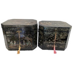 Used Unique Large Two of Shell Inlaid Black Lacquer Chinese Book Boxes