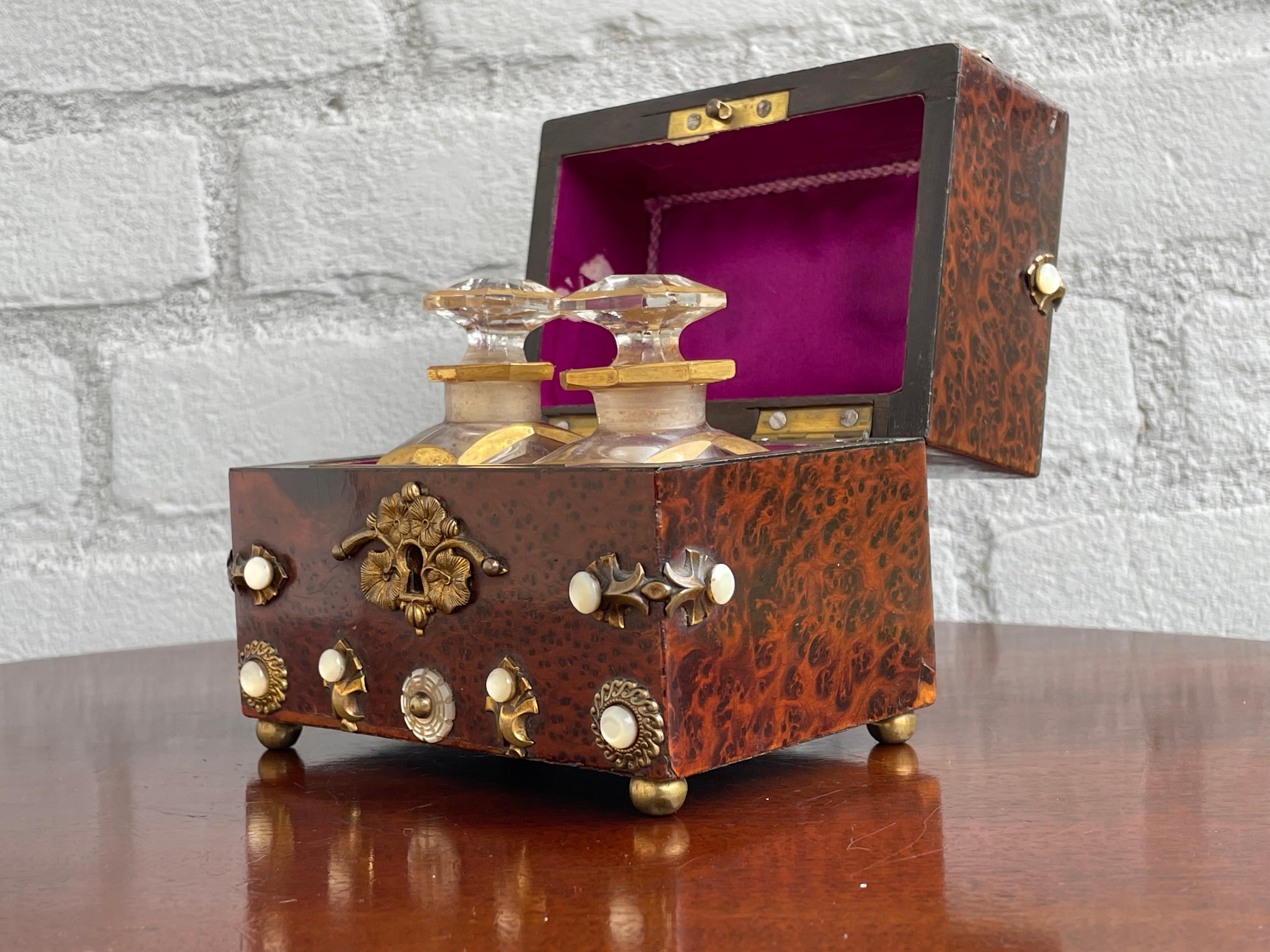 Antique & Unique Napoleon II Inlaid Burl Box w. Gilt Perfume Flasks / Bottles For Sale 3