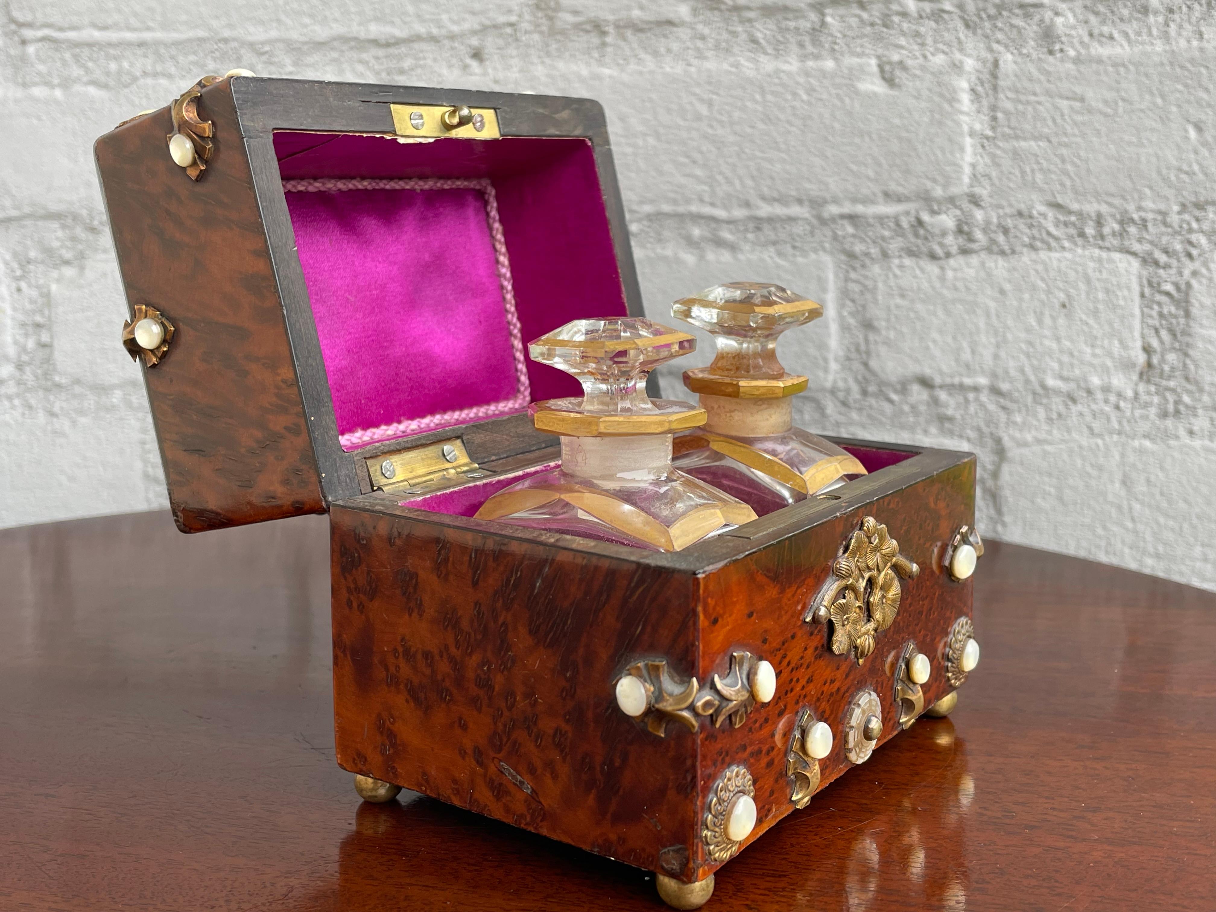 Napoleon III Antique & Unique Napoleon II Inlaid Burl Box w. Gilt Perfume Flasks / Bottles For Sale