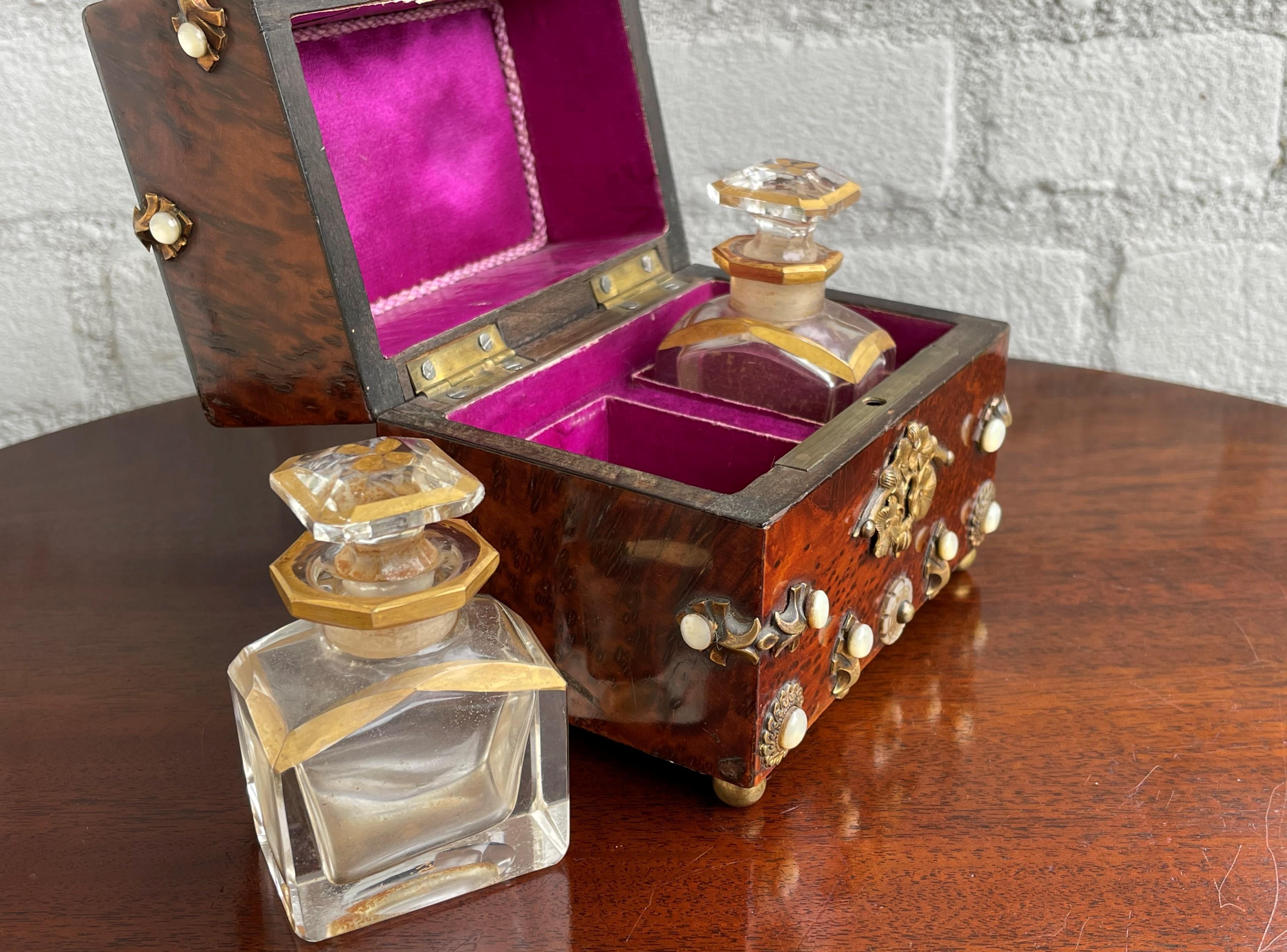 Cast Antique & Unique Napoleon II Inlaid Burl Box w. Gilt Perfume Flasks / Bottles For Sale