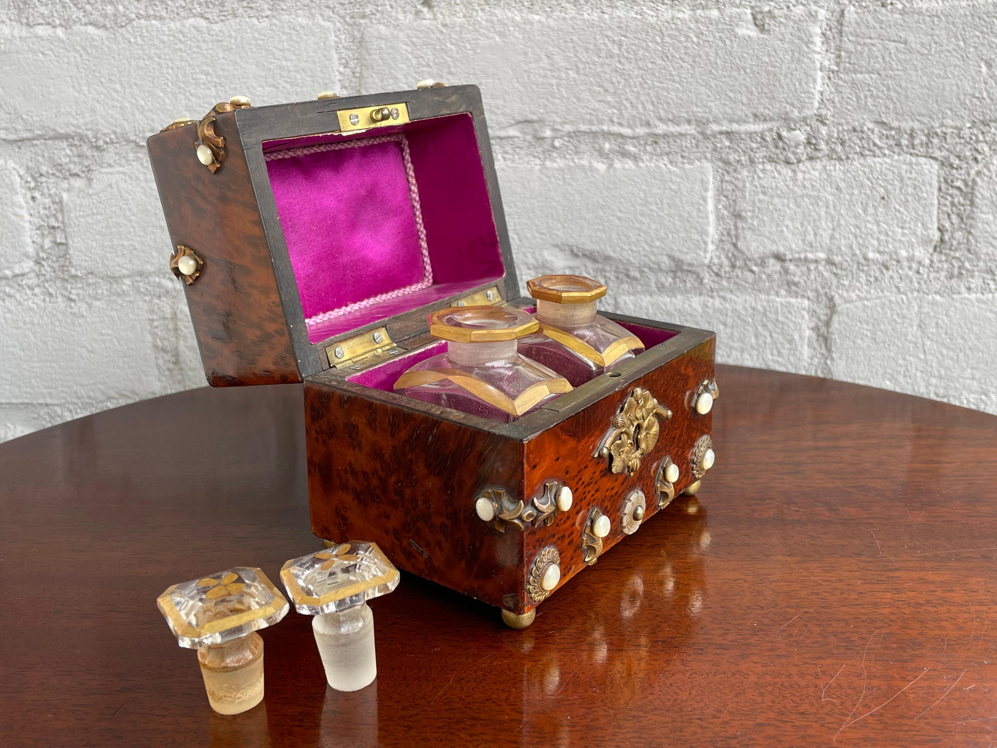 19th Century Antique & Unique Napoleon II Inlaid Burl Box w. Gilt Perfume Flasks / Bottles For Sale