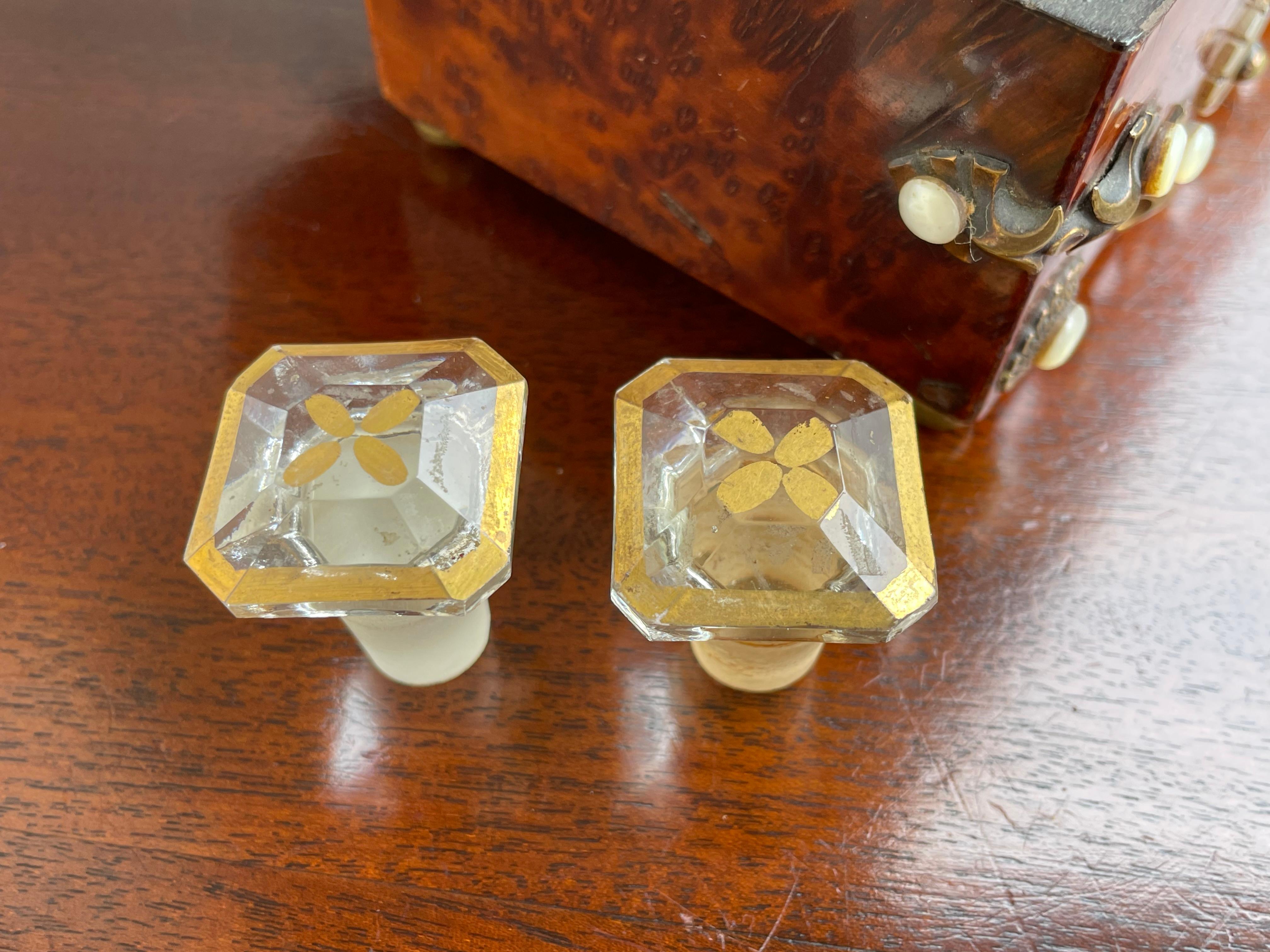 Brass Antique & Unique Napoleon II Inlaid Burl Box w. Gilt Perfume Flasks / Bottles For Sale