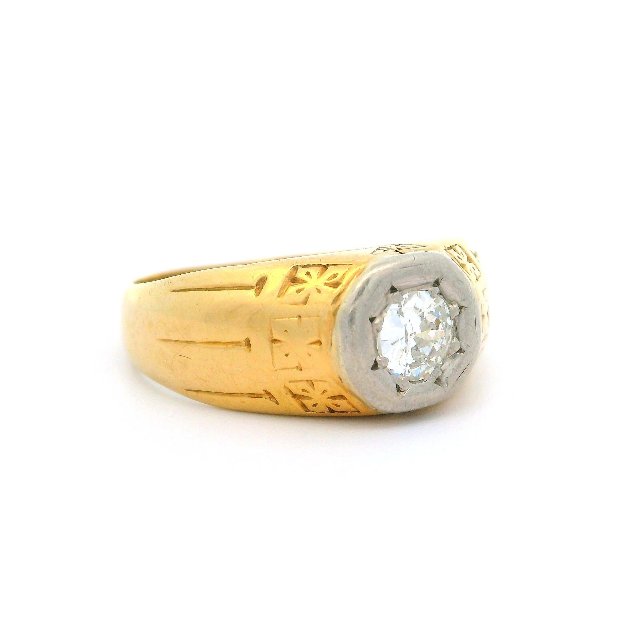--Stone(s): --
(1) Natural Genuine Diamond - Old Cut - Bead Pave Set - J Color - I1 Clarity
Total Carat Weight: 0.28 (approx.)

Material: Solid 14k Yellow Gold w/ Palladium Top
Weight: 3.70 Grams
Ring Size: 7.0 (Fitted on a finger. We can custom