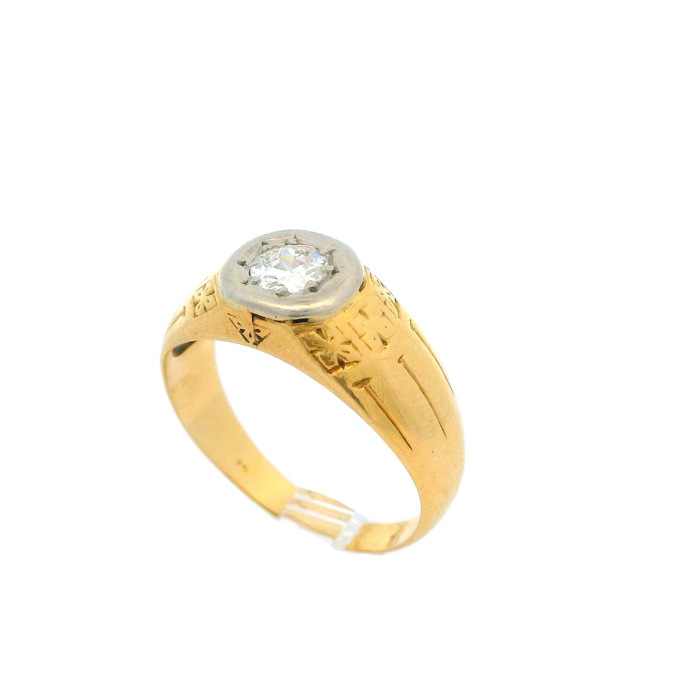 Antiker Unisex- Solitär-Ring, 14 Karat Gelbgold, 0,28 Karat Diamant im Altschliff, gravierter Diamant im Angebot 2