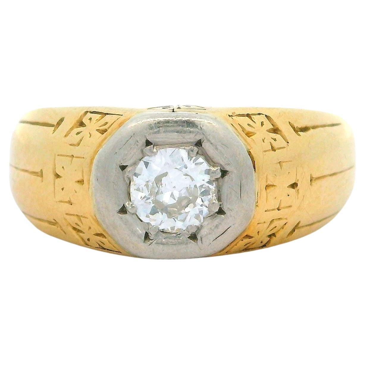 Antique Unisex 14k Yellow Gold 0.28ct Old Cut Diamond Engraved Solitaire Ring