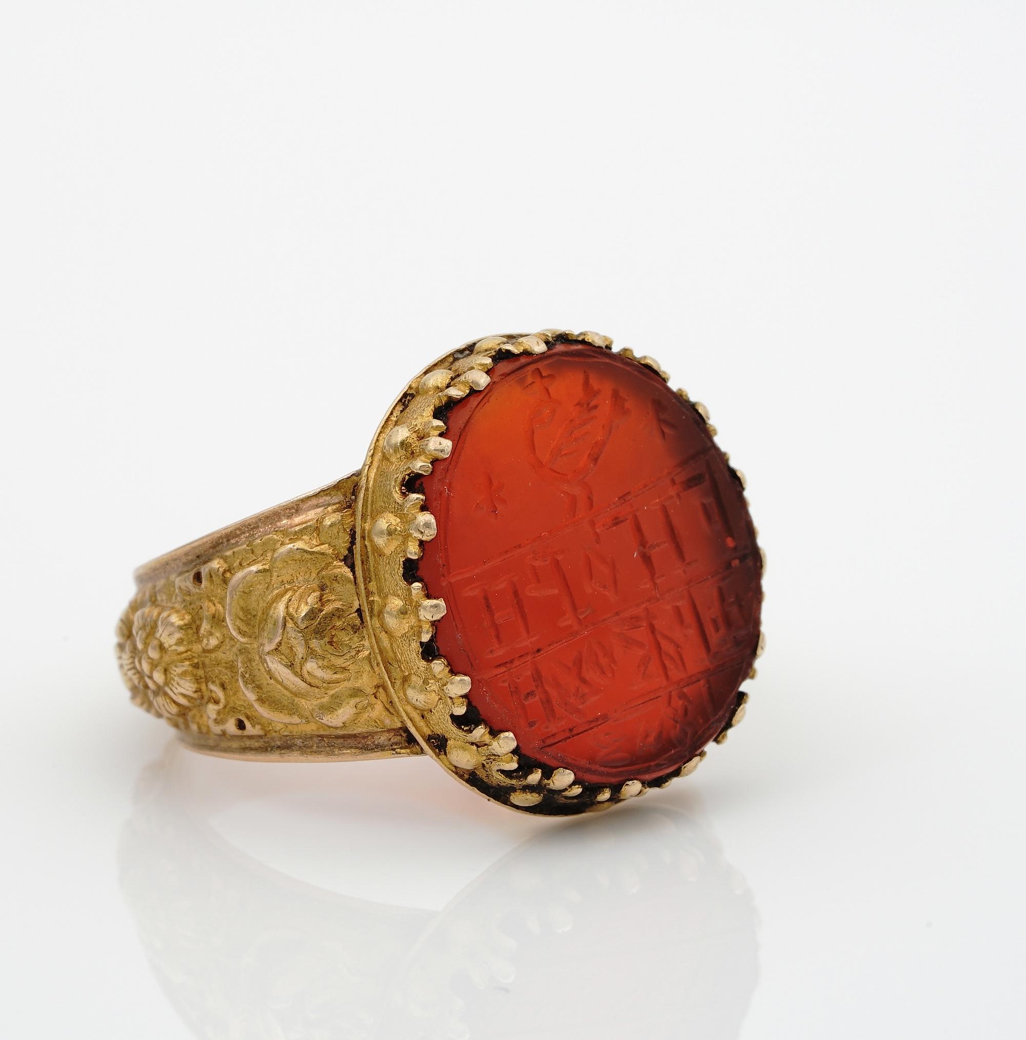 Sign of History

Magnificent Georgian period Signet ring suitable for either sex
Masterpiece in the whole, all intact, authentic 1803 as carved on the rare intaglio
Set with a Carnelian stone with carved a dove within two stars and inscription, with
