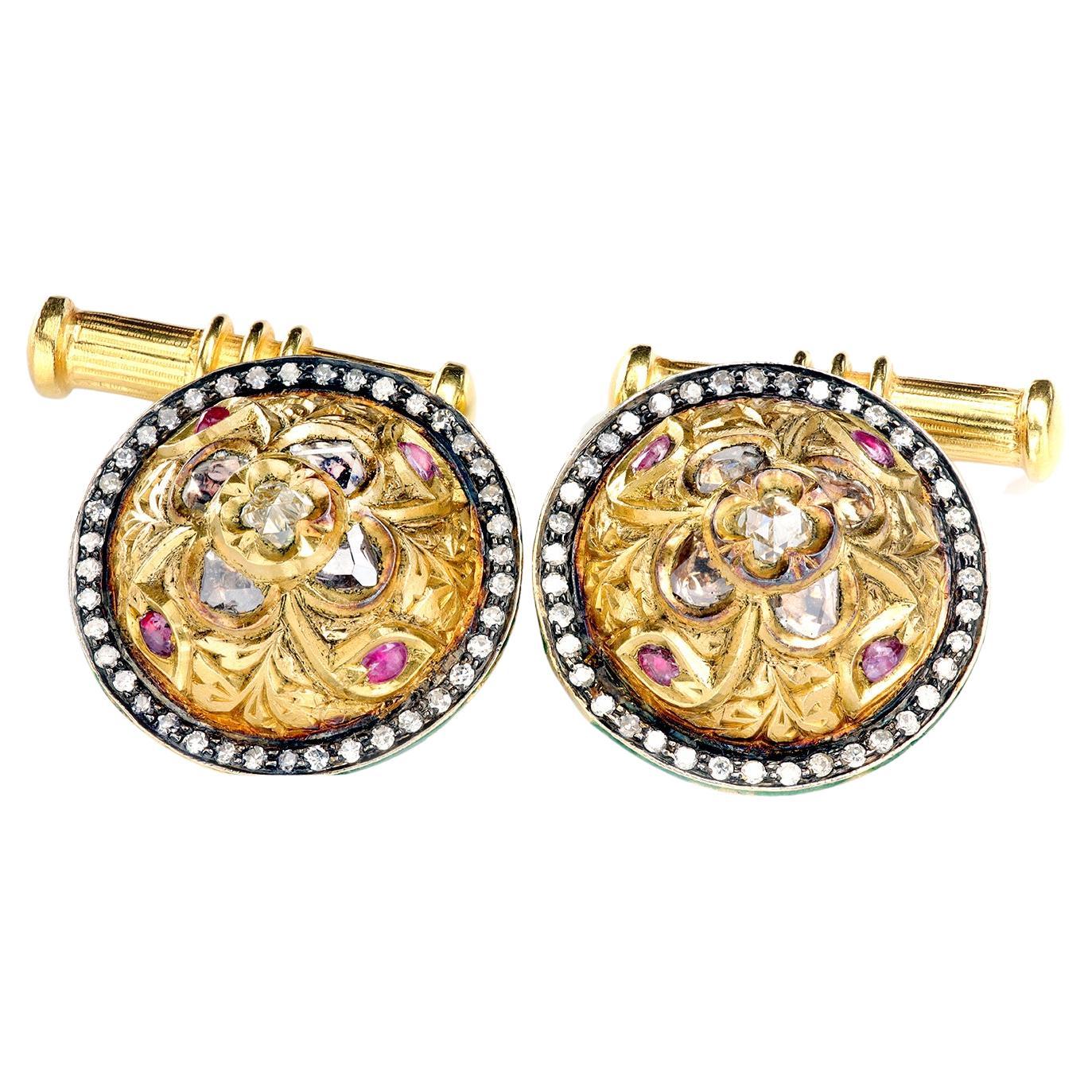 Antique Unisex 24k Gold "Kundan" Cufflinks with Natural Diamonds and Rubies For Sale