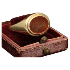 Antique Unisex Carnelian Intaglio Signet Ring, 18k Gold Large Agate Seal Ring