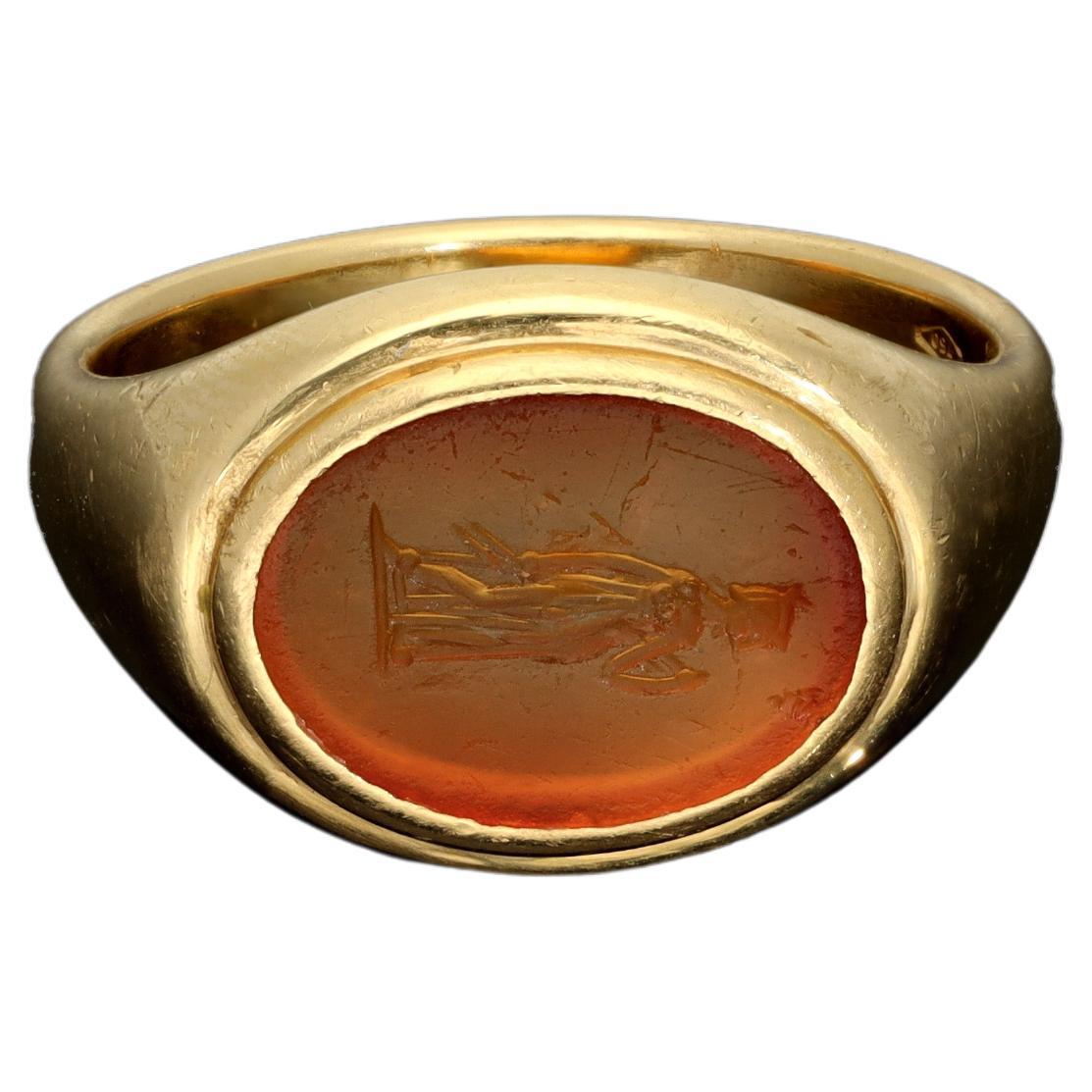 Antique Unisex Carnelian Intaglio Signet Ring, 18k Gold Large Agate Seal Ring