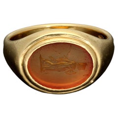 Antique Unisex Carnelian Intaglio Signet Ring, 18k Gold Large Agate Seal Ring