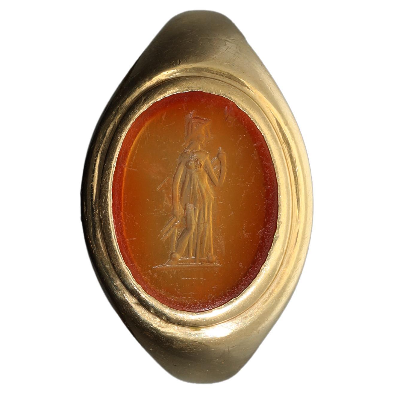 Antique Unisex Carnelian Intaglio Signet Ring, Antique Roman Agate Seal Ring For Sale