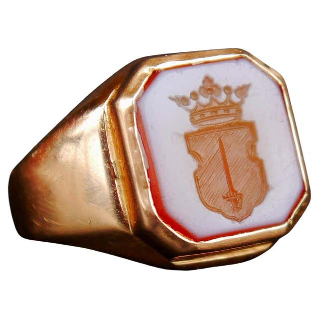 Victorian Intaglio Note Antique 18K Gold Signet Ring with Garnet Intaglio of a Horse For Sale ...