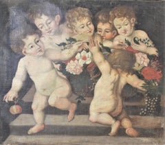 Antique Unsigned Oil Painting on Canvas of Young Children Playing Together