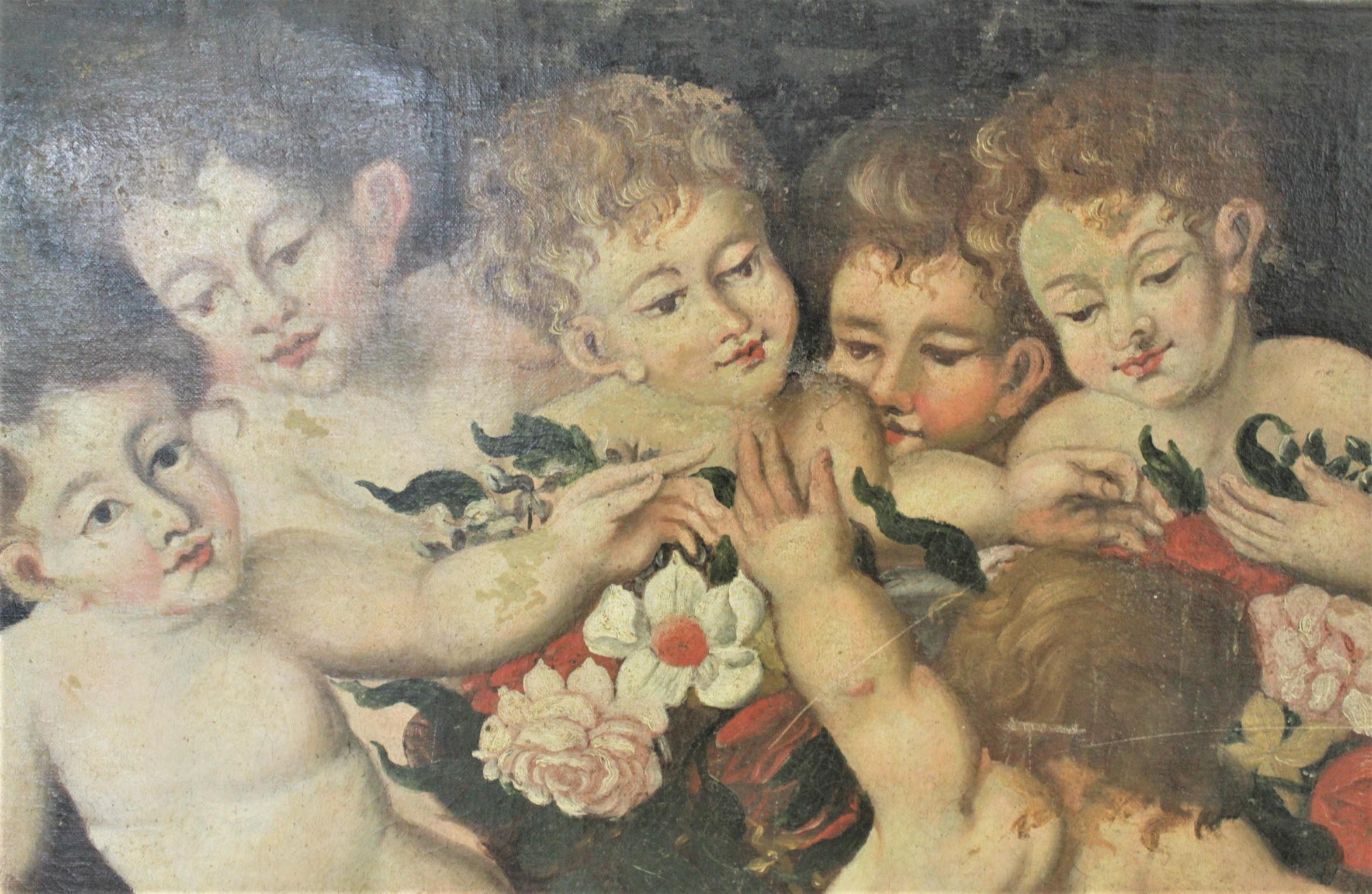 Italian Antique Unsigned Oil Painting on Canvas of Young Children Playing Together For Sale