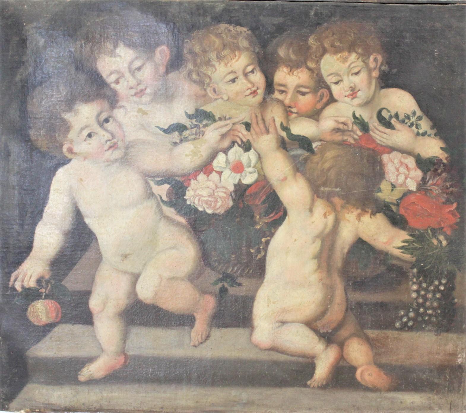 Antique Unsigned Oil Painting on Canvas of Young Children Playing Together For Sale 2