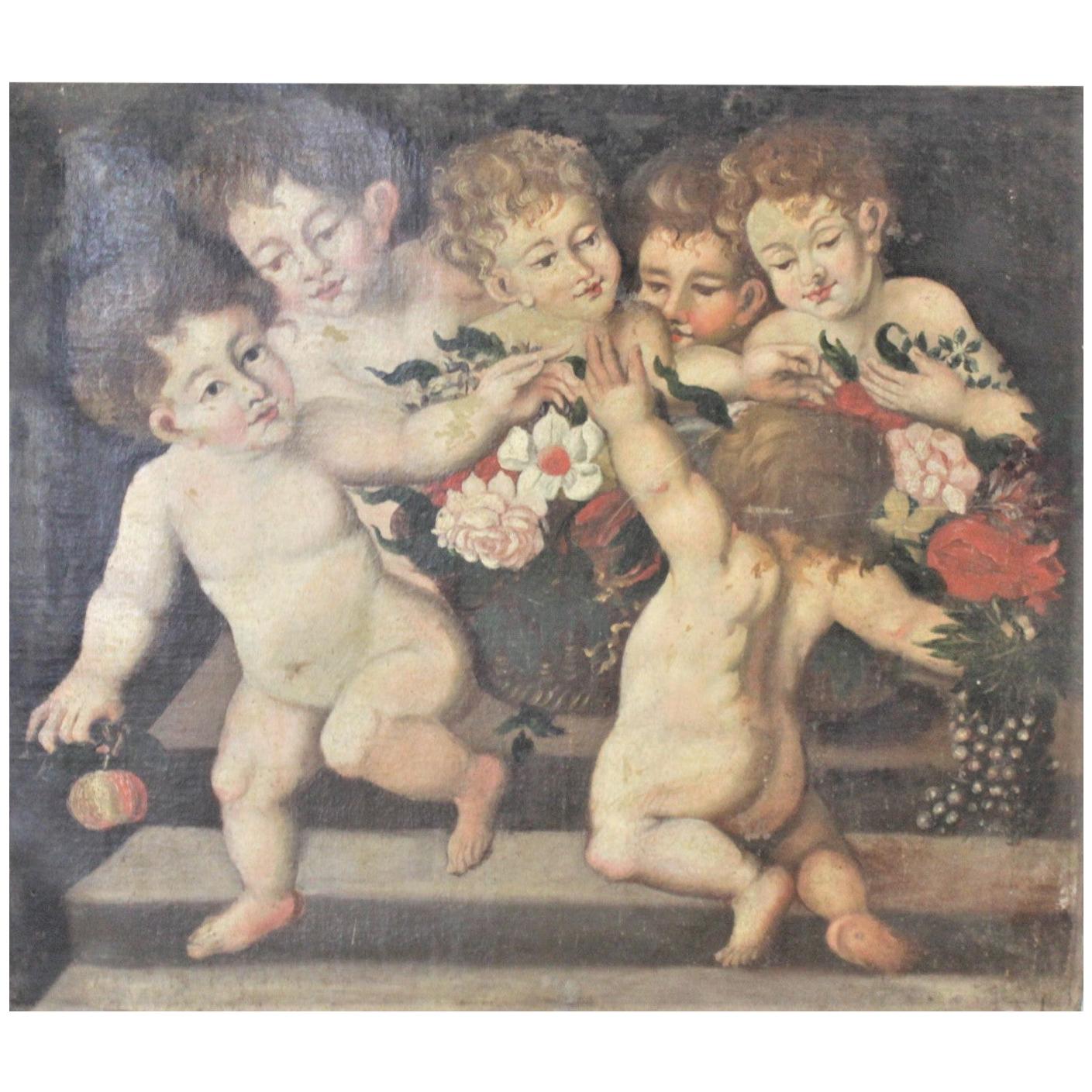 Peinture à l'huile ancienne sur toile non signée représentant de jeunes enfants jouant ensemble
