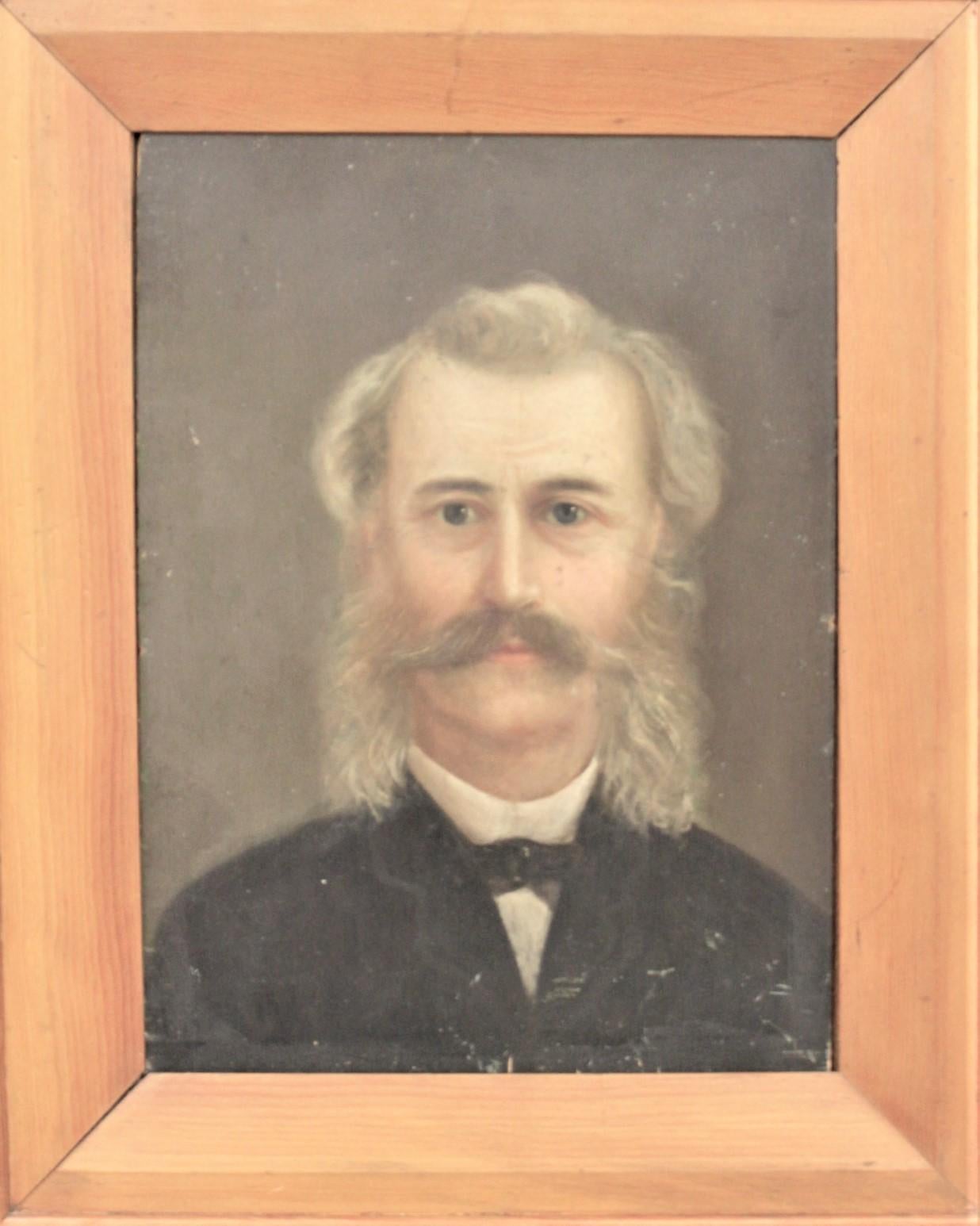 American Antique Unsigned Oil Portrait Painting on Wood Panel with Rustic Frame For Sale