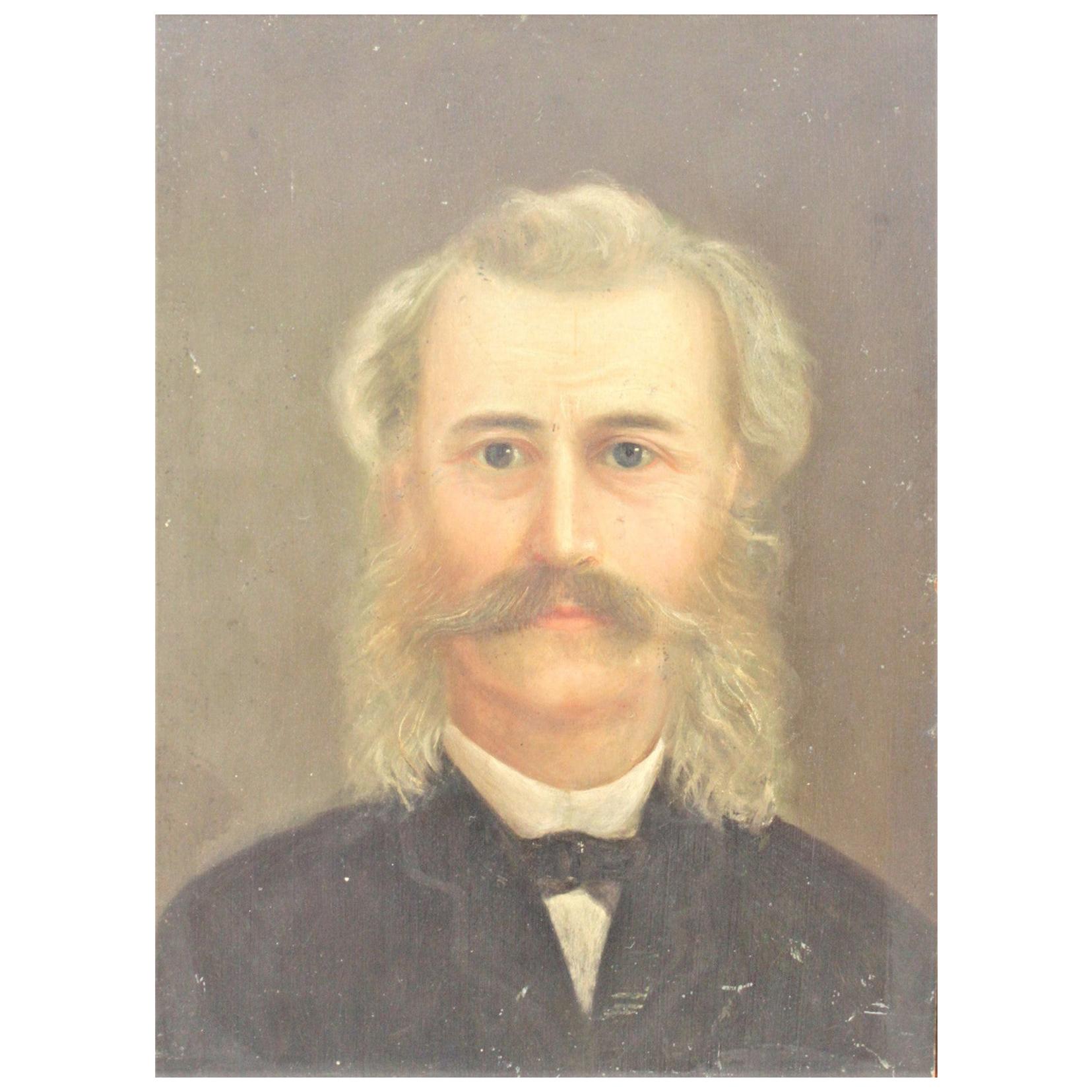 Antique Unsigned Oil Portrait Painting on Wood Panel with Rustic Frame For Sale