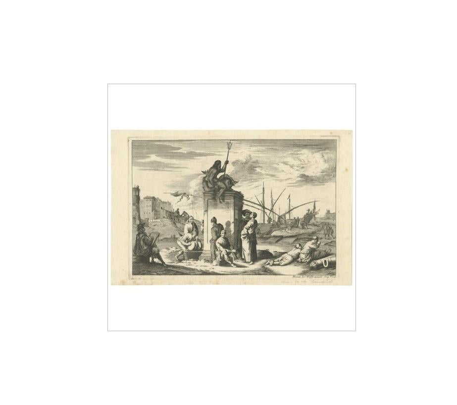 Untitled print. This print depicts a harbour scene with several figures, ships and a statue. Reads 'Haered. Ier. Wolffij excudit Aug. Vind'. Source unknown, to be determined.