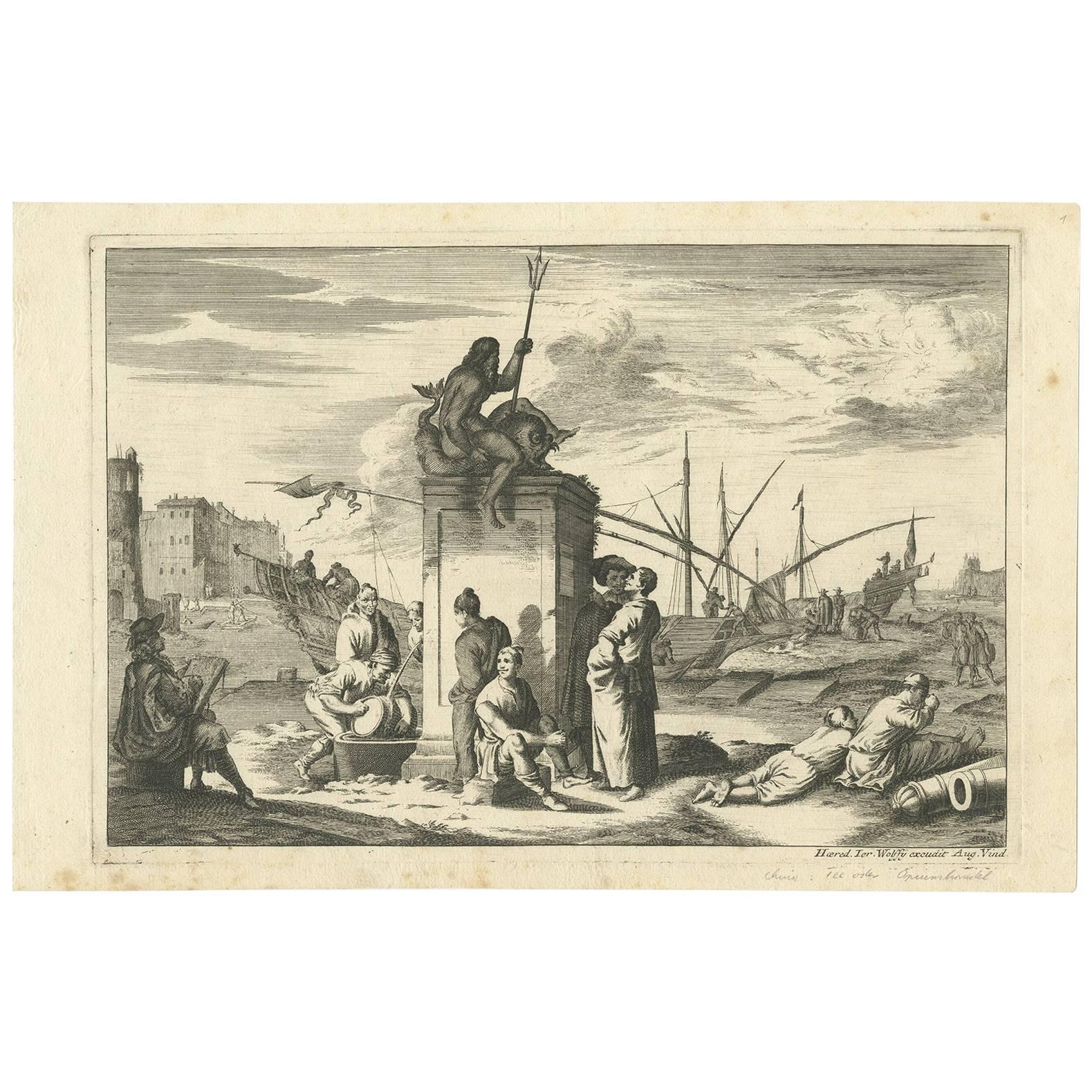 Antique Untitled Harbour View 'I' by J. Wolff, circa 1730